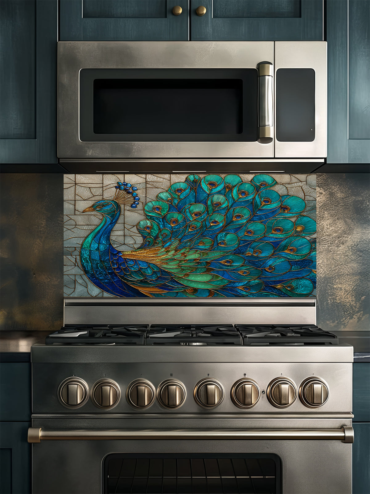 Stained glass style majestic peacock with spread feathers in teal, blue, and gold, UV printed on a smooth tempered glass kitchen backsplash, installed behind a modern stove.
