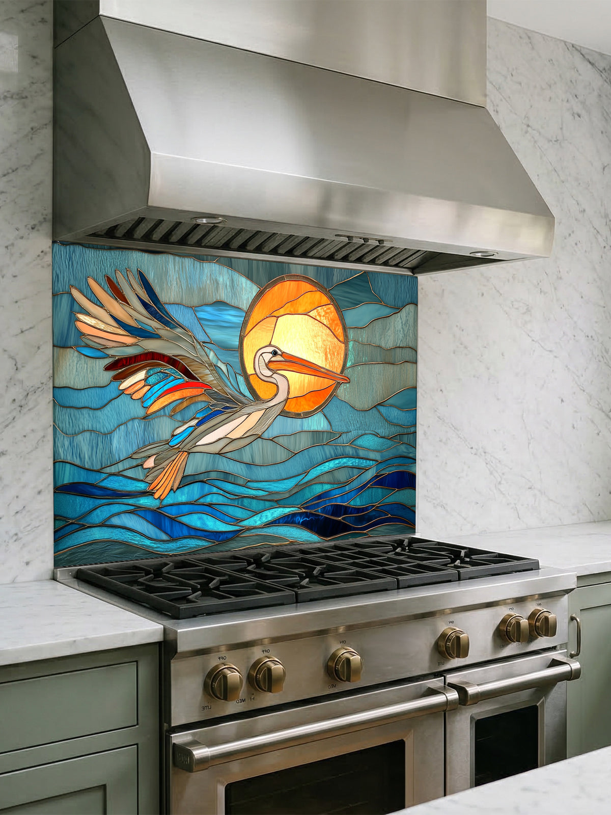 Stained glass style pelican flying over blue ocean waves and a bright sun, UV printed on tempered glass kitchen backsplash, installed behind a modern stove.
