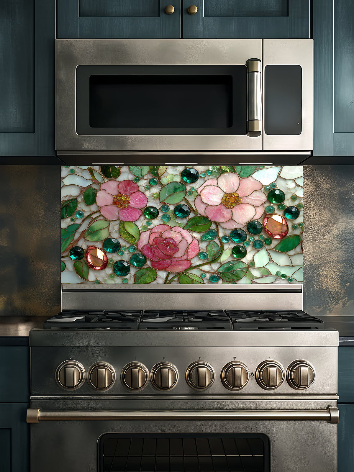 Tempered glass kitchen backsplash featuring a highly realistic faux stained glass design of delicate pink roses, green leaves, and jewel-like glass beads on a pale mosaic background, installed behind a modern stainless steel stove.