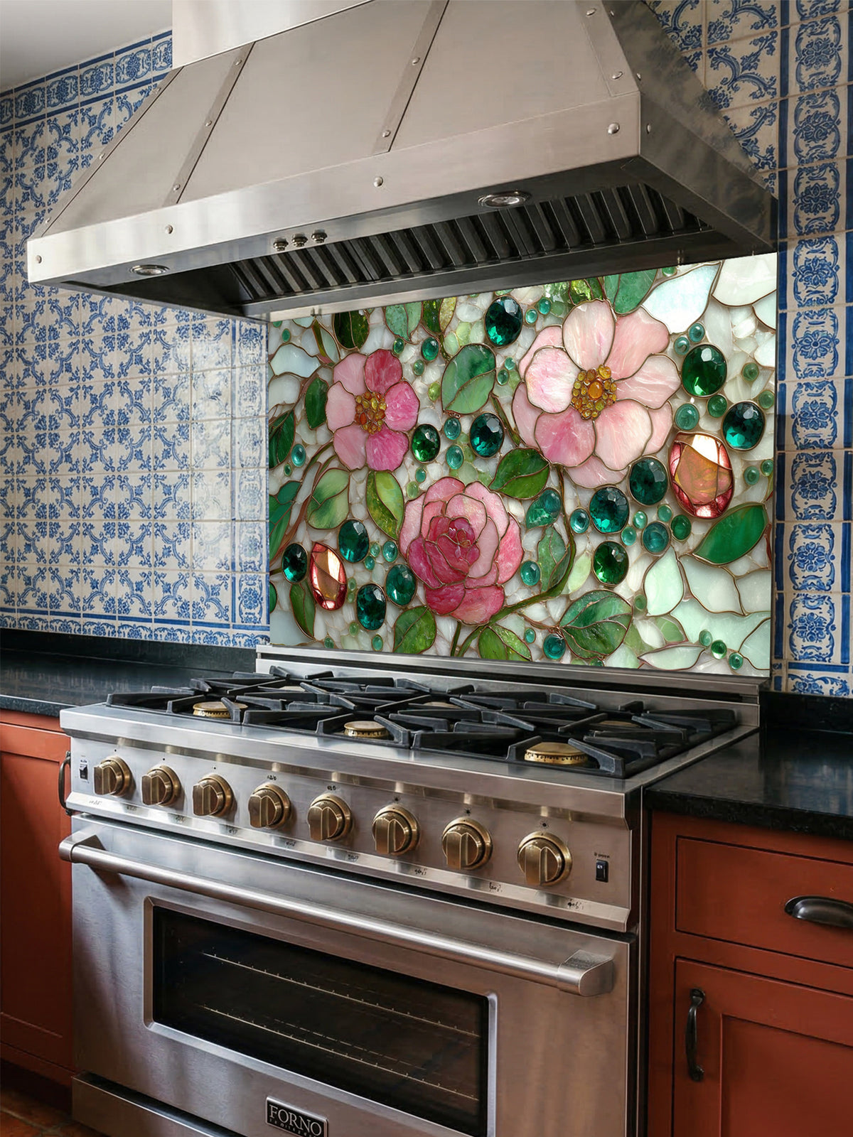 Tempered glass kitchen backsplash featuring a highly realistic faux stained glass design of delicate pink roses, green leaves, and jewel-like glass beads on a pale mosaic background, installed behind a modern stainless steel stove.