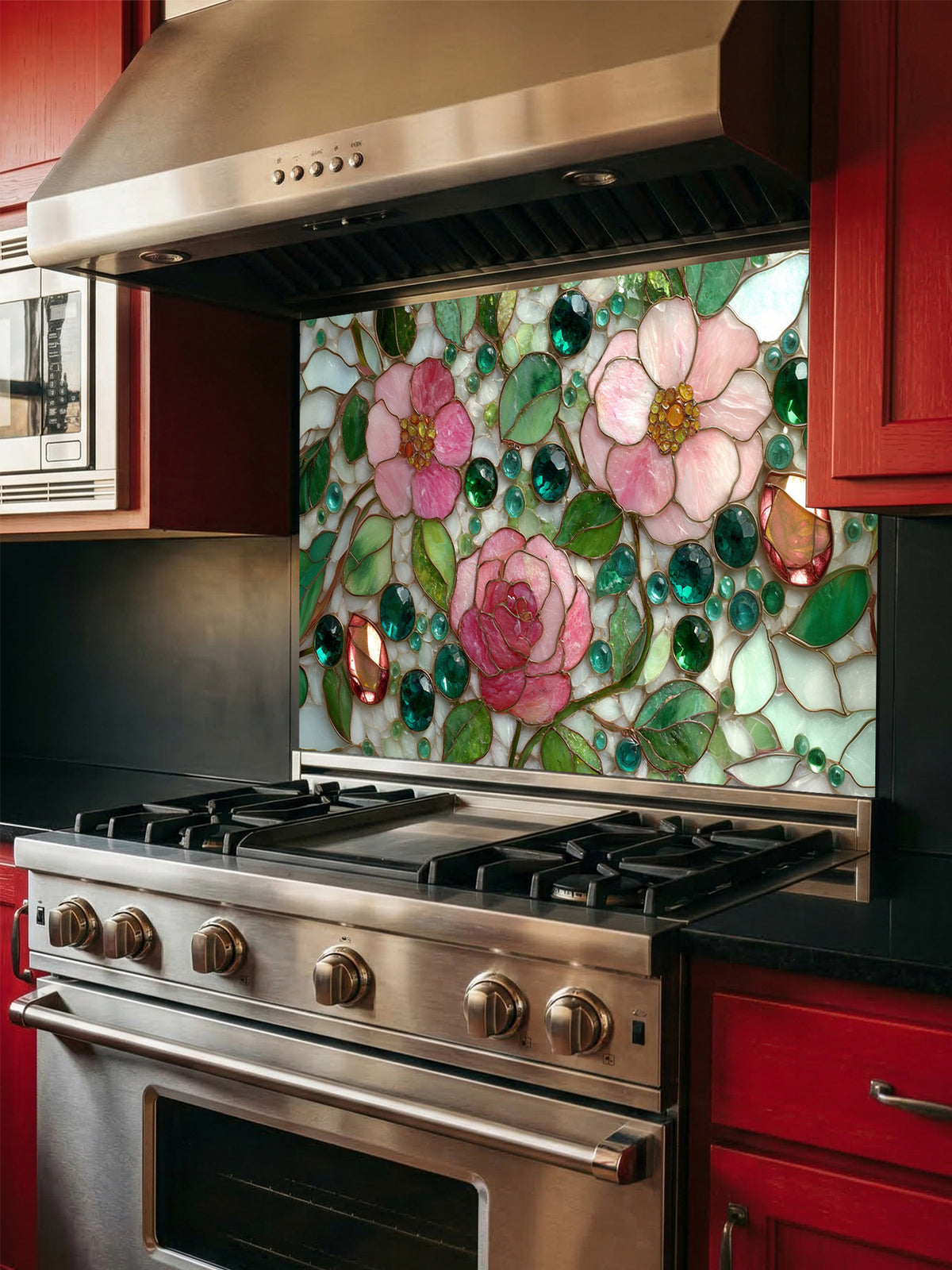 Tempered glass kitchen backsplash featuring a highly realistic faux stained glass design of delicate pink roses, green leaves, and jewel-like glass beads on a pale mosaic background, installed behind a modern stainless steel stove.
