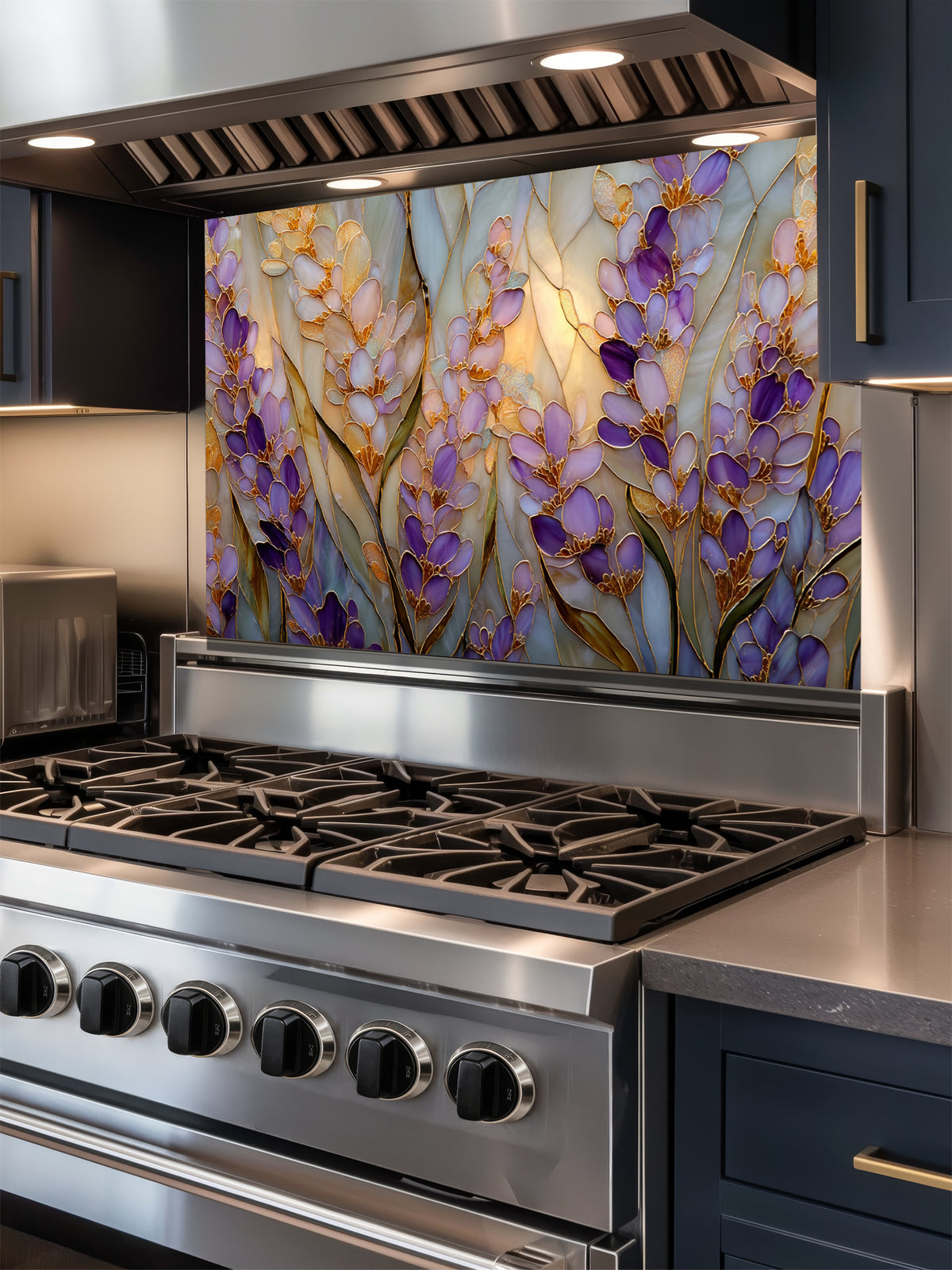 Tempered glass kitchen backsplash featuring a highly realistic 3D illusion of Art Nouveau stained glass art showing elegant, sweeping clusters of purple lavender and lilac blossoms with green leaves outlined in gold against a warm amber background, installed behind a modern black stove.
