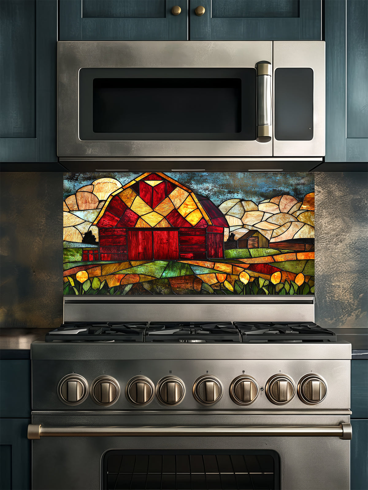 Tempered glass kitchen backsplash featuring a highly realistic 3D illusion of stained glass art showing a classic rustic red barn set in a vibrant farm landscape with golden fields under a cloudy blue sky, installed behind a modern black stove.