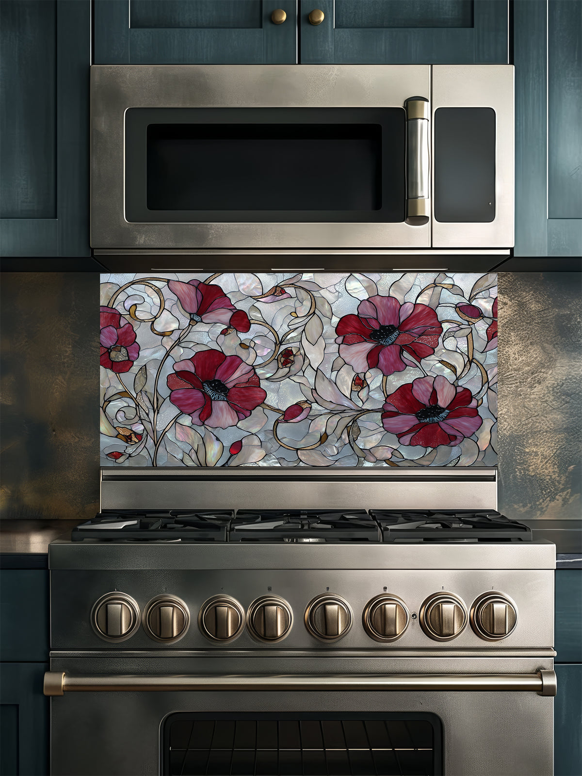 Faux stained glass pattern featuring deep crimson red poppy flowers and swirling vines against an iridescent mother-of-pearl mosaic background, UV printed on a smooth tempered glass kitchen backsplash.