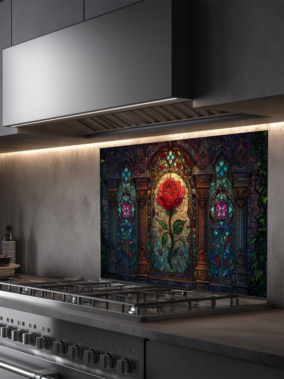 Stained glass style vibrant red rose framed by Gothic architectural arches in rich jewel tones, UV printed on a smooth tempered glass kitchen backsplash, installed behind a modern stove.