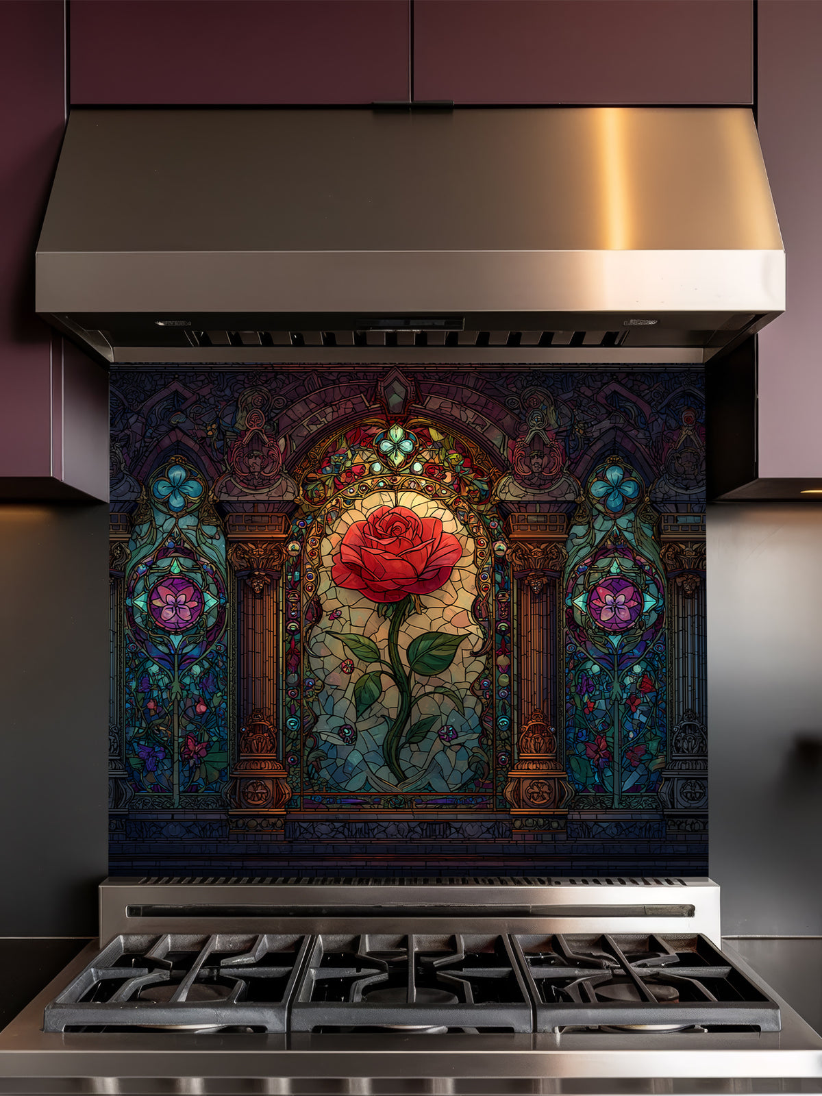 Stained glass style vibrant red rose framed by Gothic architectural arches in rich jewel tones, UV printed on a smooth tempered glass kitchen backsplash, installed behind a modern stove.
