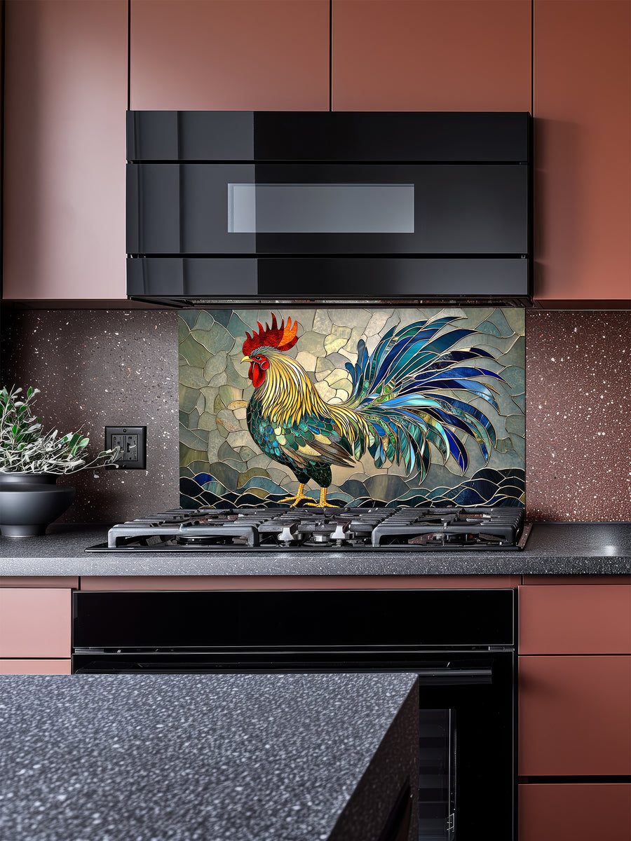 Tempered glass kitchen backsplash featuring a vibrant faux stained glass design of a majestic rooster in rich blues, greens, yellows, and reds, installed behind a modern stainless steel stove.