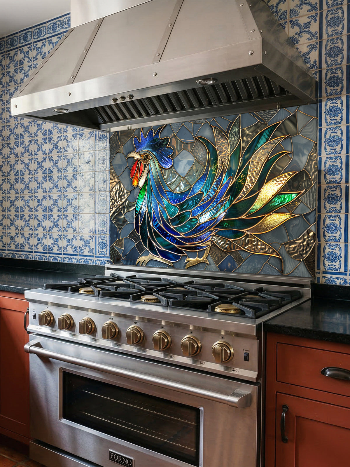Faux stained glass pattern featuring a vibrant blue, green, and gold rooster against a grey mosaic background, UV printed on a smooth tempered glass kitchen backsplash.
