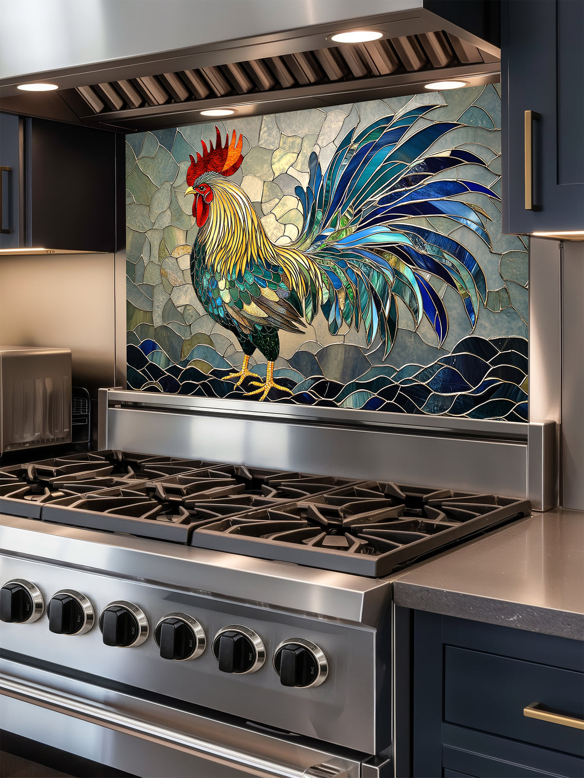 Tempered glass kitchen backsplash featuring a vibrant faux stained glass design of a majestic rooster in rich blues, greens, yellows, and reds, installed behind a modern stainless steel stove.