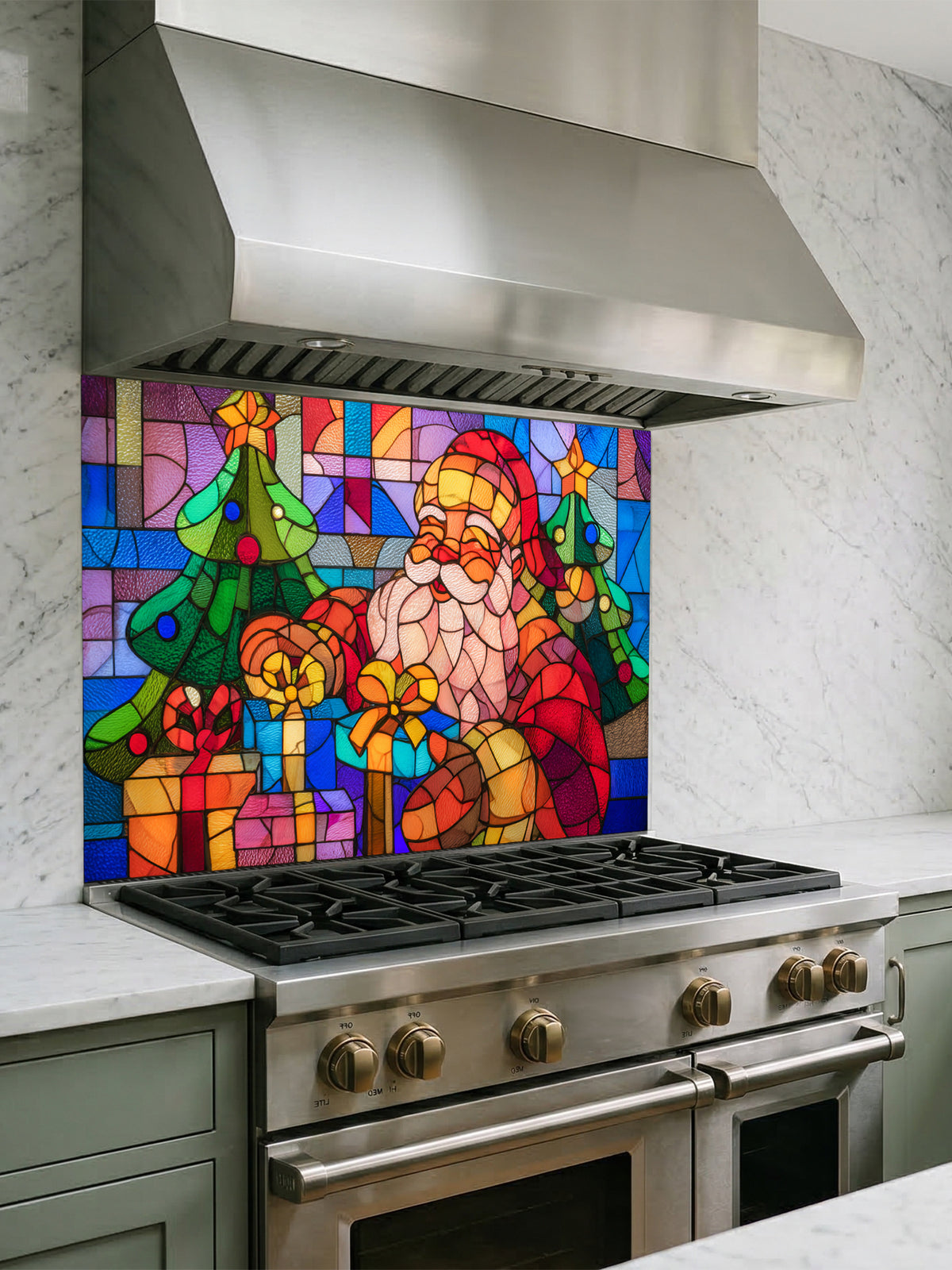 Tempered glass kitchen backsplash featuring a highly realistic 3D illusion of colorful stained glass art showing a cheerful Santa Claus surrounded by green Christmas trees and wrapped gifts in vibrant red, blue, green, and gold, installed behind a modern black stove.