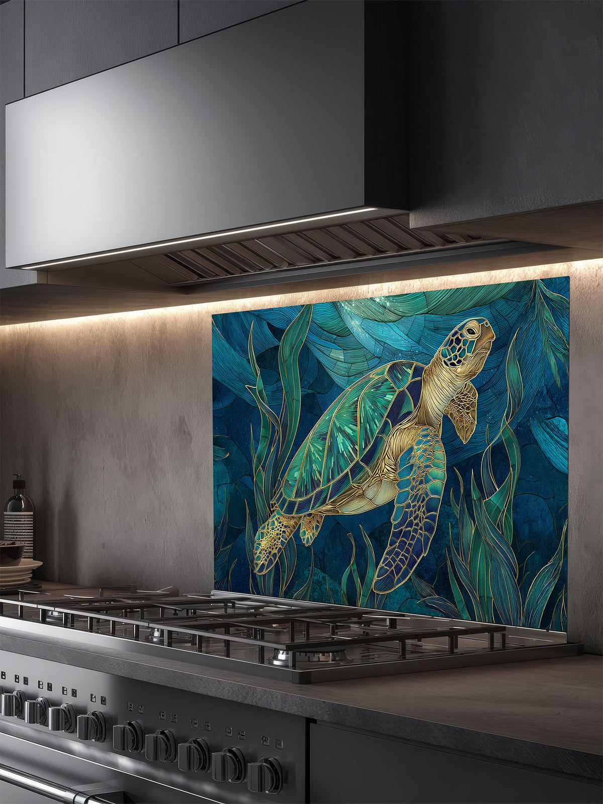 Tempered glass kitchen backsplash featuring an elegant stained glass style sea turtle swimming in deep blue ocean water, installed behind a modern stainless steel stove.