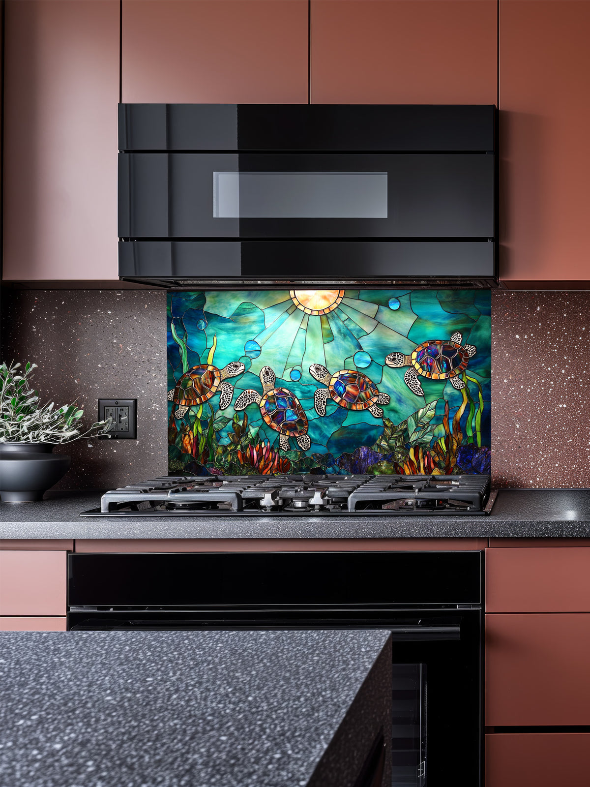 Stained glass style sea turtles swimming in vibrant blue ocean waters with sun rays, UV printed on a smooth tempered glass kitchen backsplash, installed behind a modern stove.
