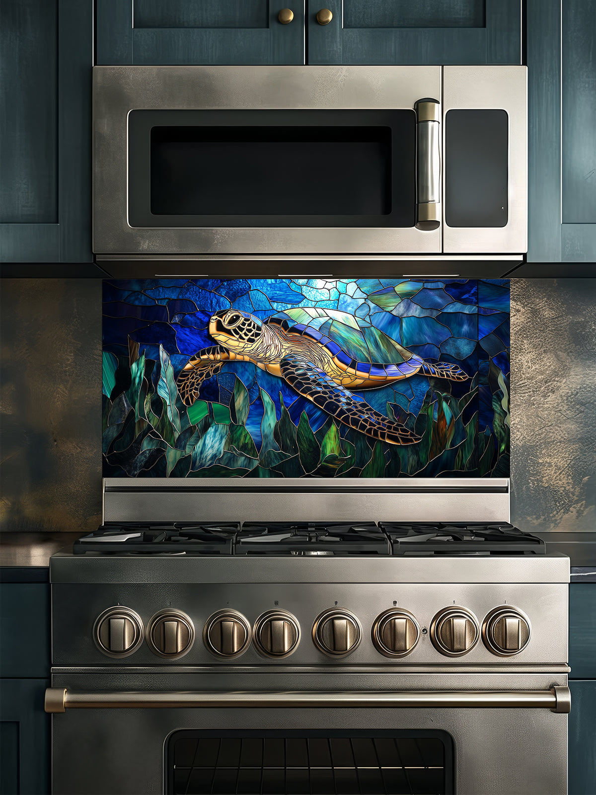 Tempered glass kitchen backsplash featuring a vibrant faux stained glass design of a graceful sea turtle swimming against a luminous blue sunlit ocean and cracked mosaic background, installed behind a modern stainless steel stove.