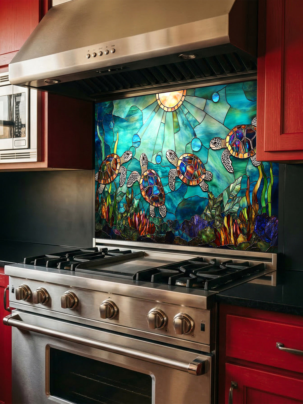 Stained glass style sea turtles swimming in vibrant blue ocean waters with sun rays, UV printed on a smooth tempered glass kitchen backsplash, installed behind a modern stove.