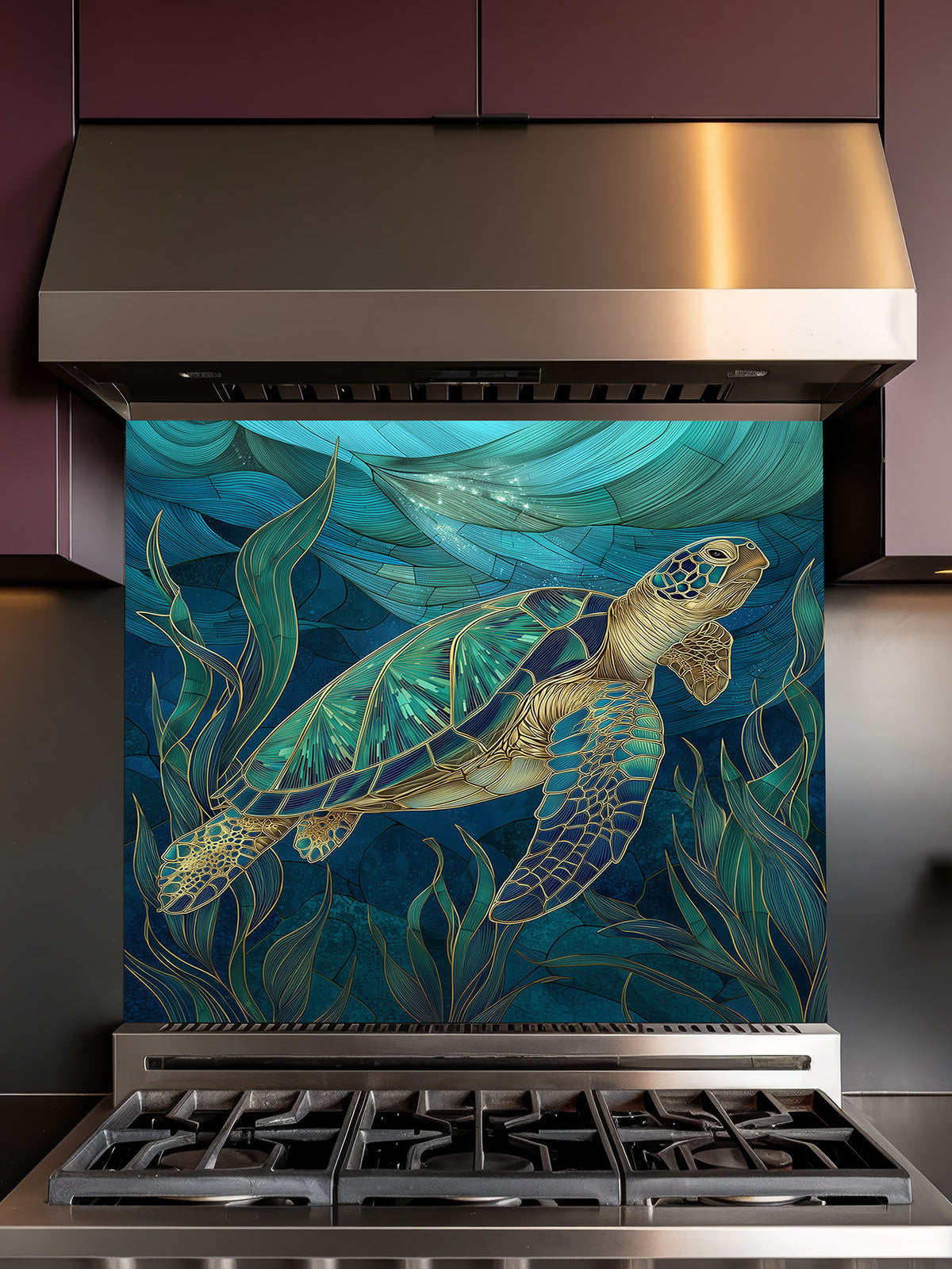 Tempered glass kitchen backsplash featuring an elegant stained glass style sea turtle swimming in deep blue ocean water, installed behind a modern stainless steel stove.