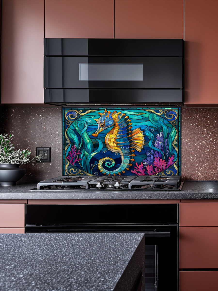 Faux stained glass pattern featuring a vibrant golden seahorse, magenta corals, and swirling turquoise ocean waves, UV printed on a smooth tempered glass kitchen backsplash.