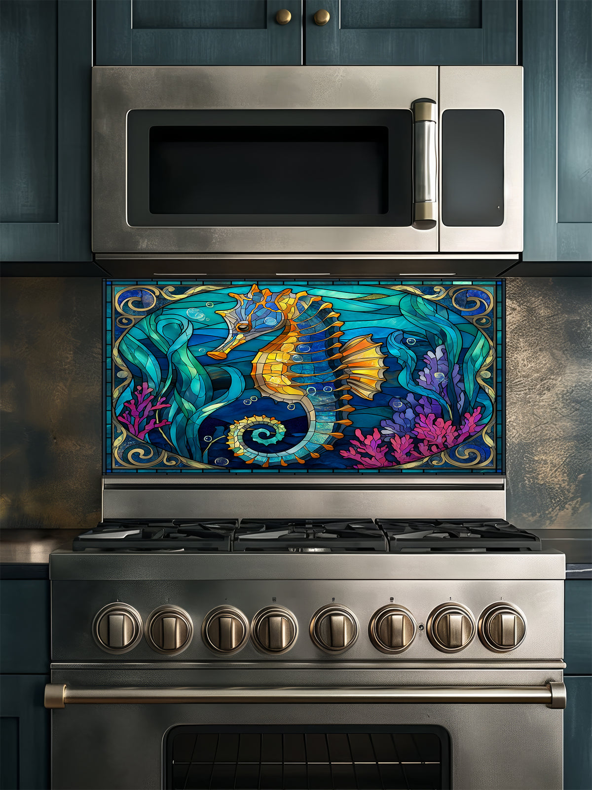 Faux stained glass pattern featuring a vibrant golden seahorse, magenta corals, and swirling turquoise ocean waves, UV printed on a smooth tempered glass kitchen backsplash.