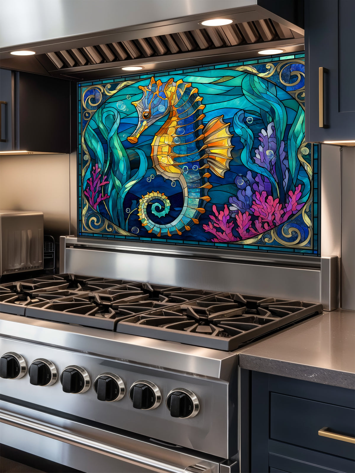 Faux stained glass pattern featuring a vibrant golden seahorse, magenta corals, and swirling turquoise ocean waves, UV printed on a smooth tempered glass kitchen backsplash.