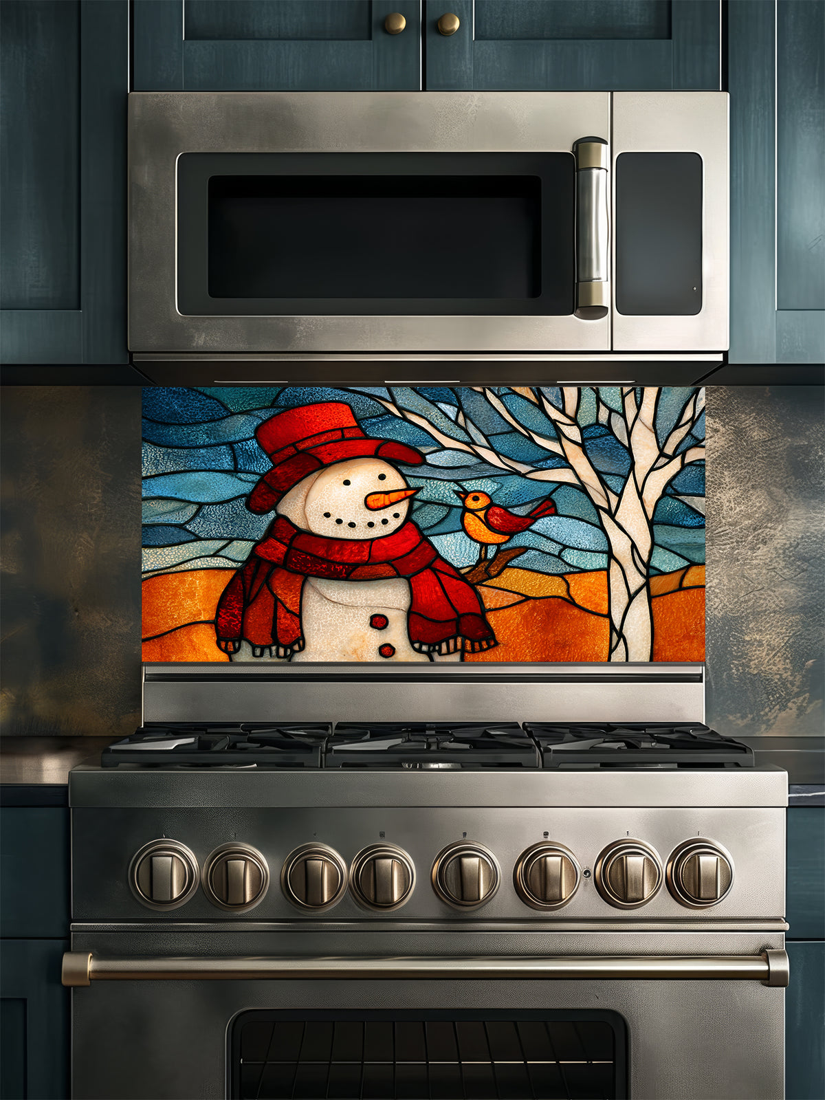 Tempered glass kitchen backsplash featuring a highly realistic 3D illusion of stained glass art showing a cheerful snowman in a red hat and a cute little bird perched on a winter tree against a frosty blue and amber background, installed behind a modern black stove.