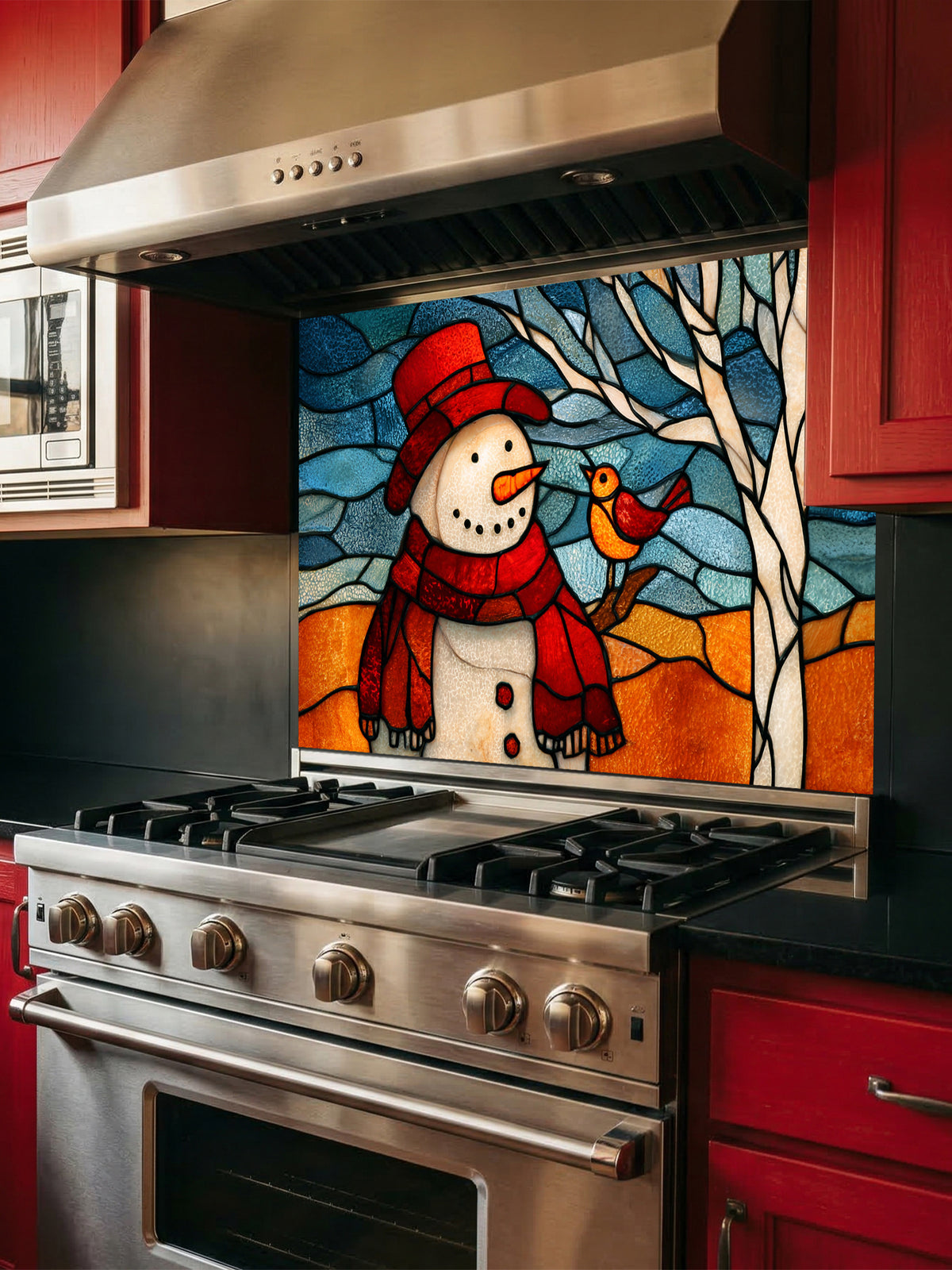 Tempered glass kitchen backsplash featuring a highly realistic 3D illusion of stained glass art showing a cheerful snowman in a red hat and a cute little bird perched on a winter tree against a frosty blue and amber background, installed behind a modern black stove.