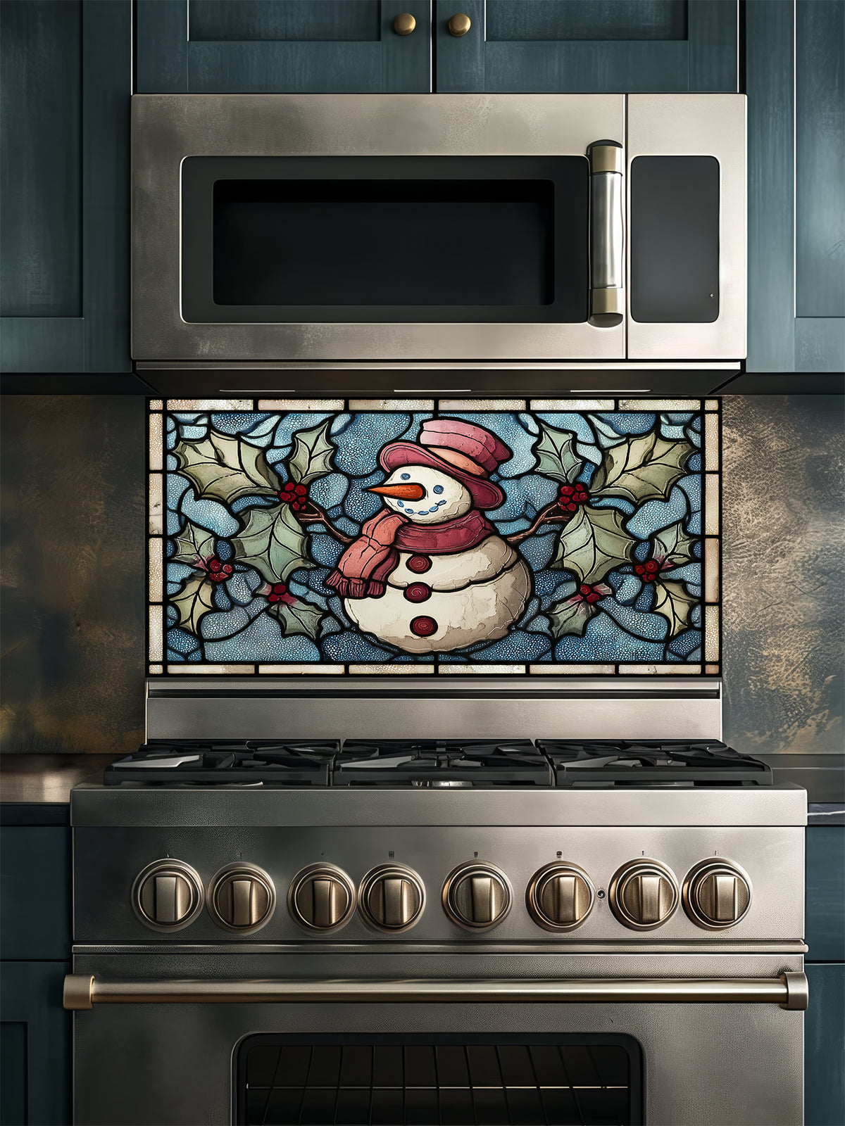 Tempered glass kitchen backsplash featuring a highly realistic 3D illusion of stained glass art showing a cheerful snowman with a red hat and scarf surrounded by green winter holly and red berries against a frosted icy blue background, installed behind a modern black stove.