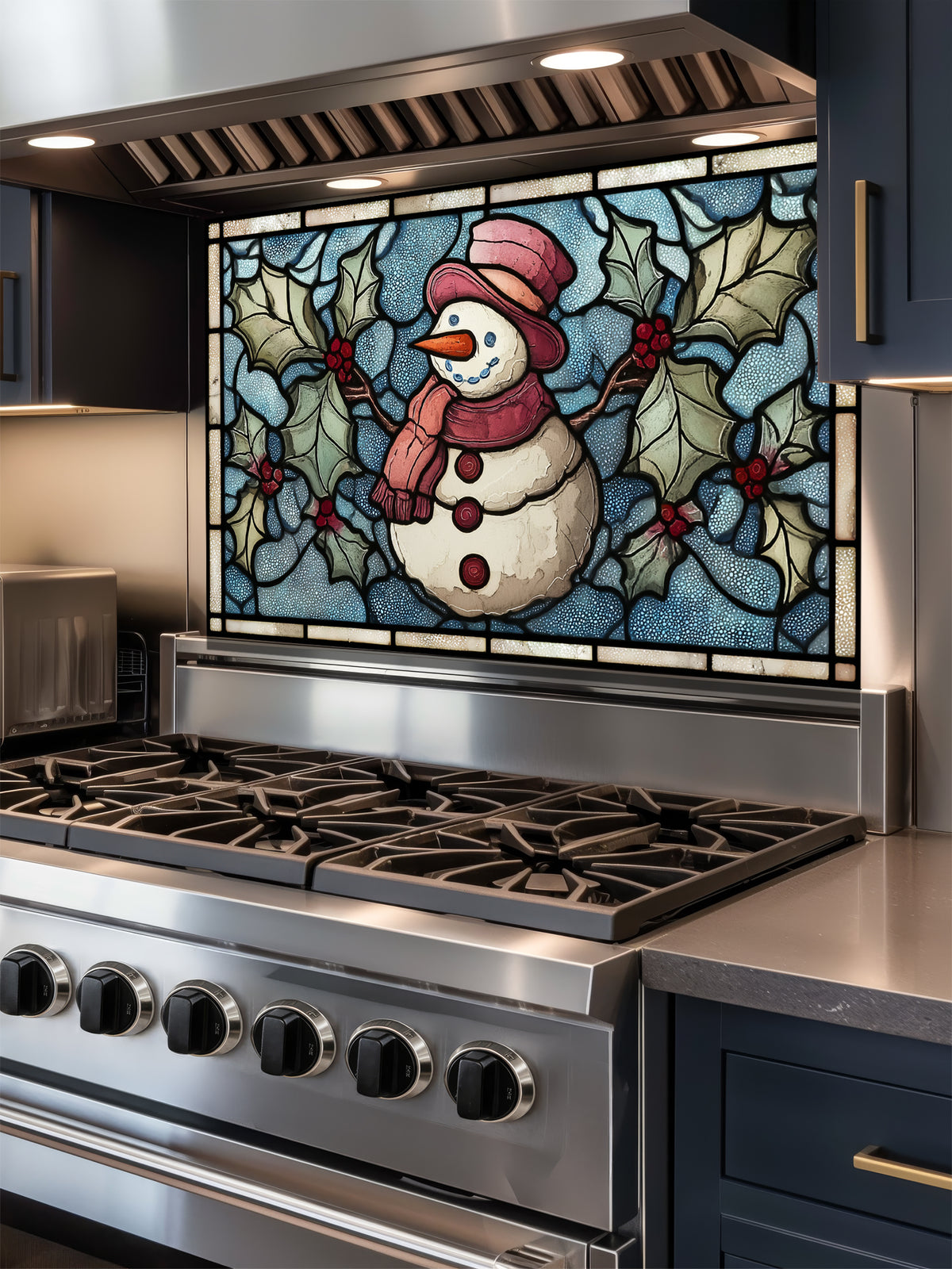 Tempered glass kitchen backsplash featuring a highly realistic 3D illusion of stained glass art showing a cheerful snowman with a red hat and scarf surrounded by green winter holly and red berries against a frosted icy blue background, installed behind a modern black stove.