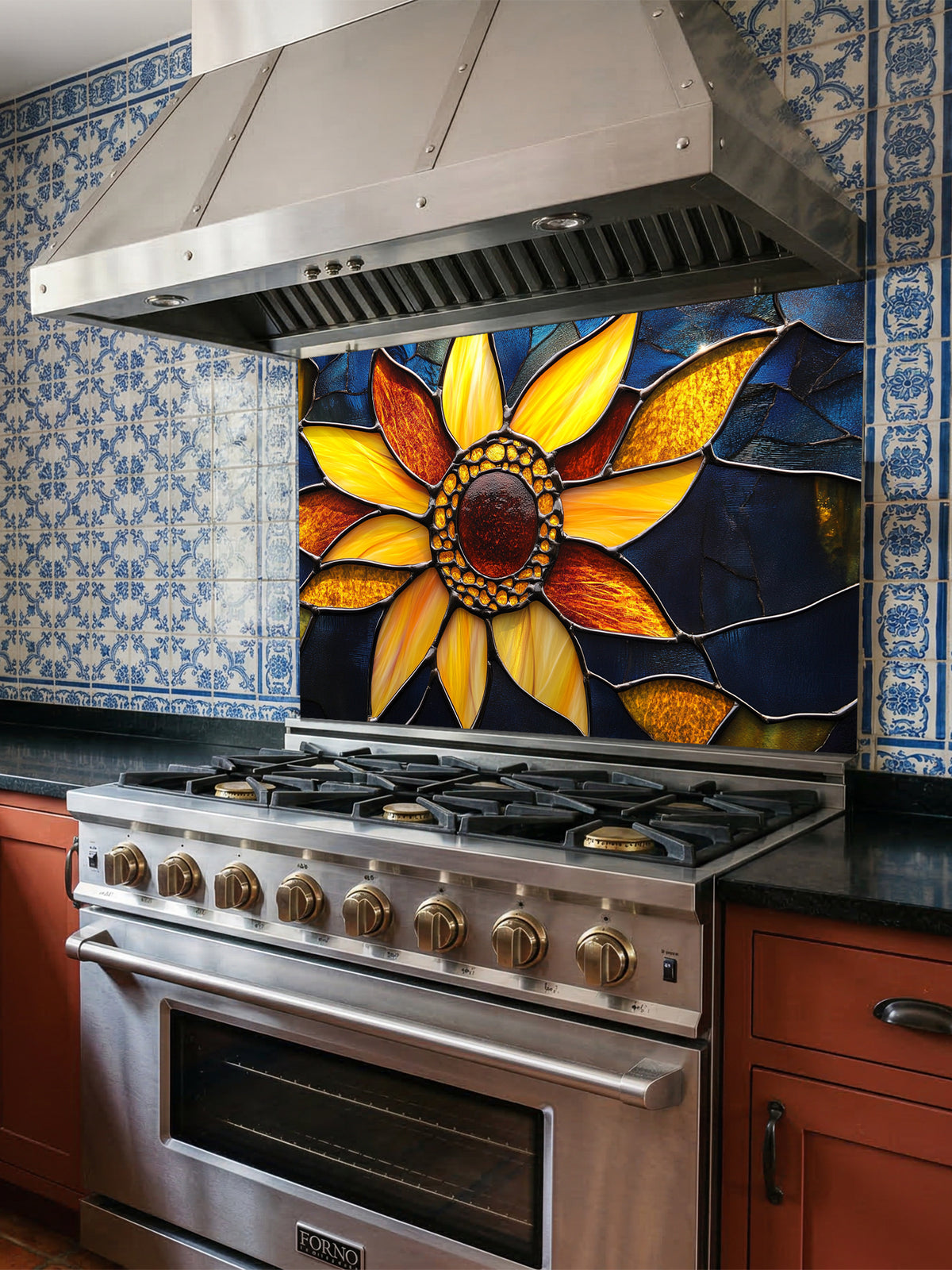 Stained glass style macro sunflower with vibrant yellow petals against a dark blue background, UV printed on a smooth tempered glass kitchen backsplash.