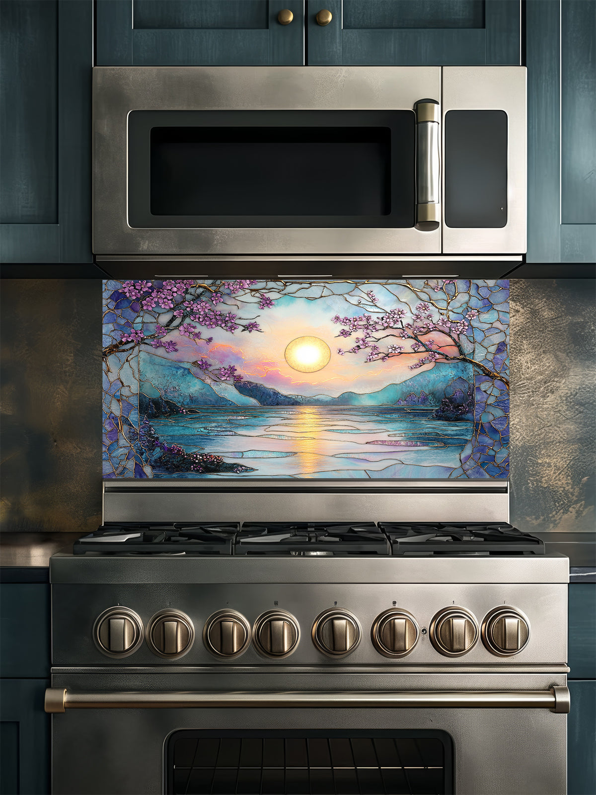 Stained glass style serene sunset over a lake with pink cherry blossoms and mountains, UV printed on a smooth tempered glass kitchen backsplash, installed behind a modern stove.