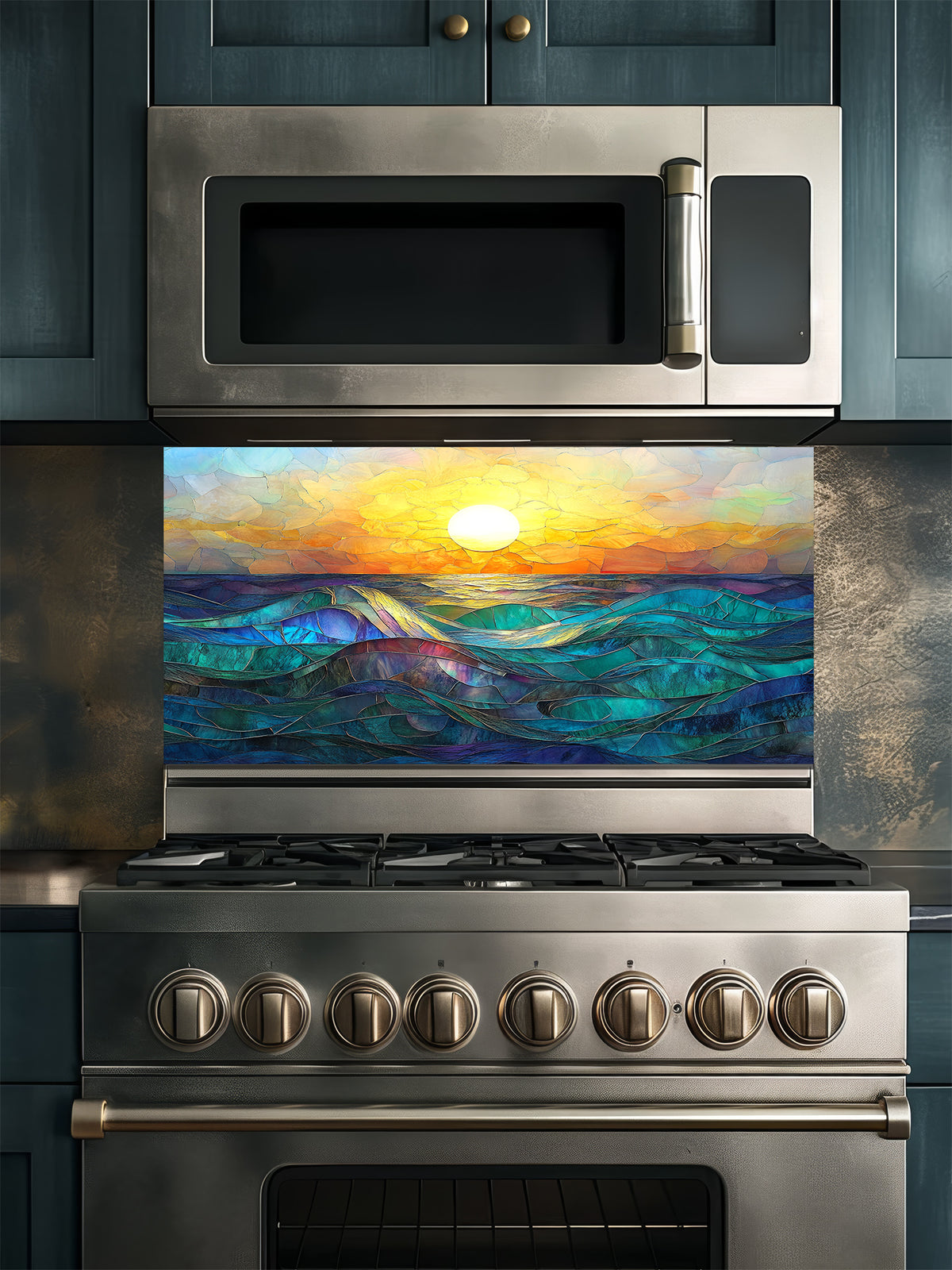 Vibrant sunset and ocean waves stained glass effect UV printed on a tempered glass backsplash, installed behind a modern black kitchen stove.