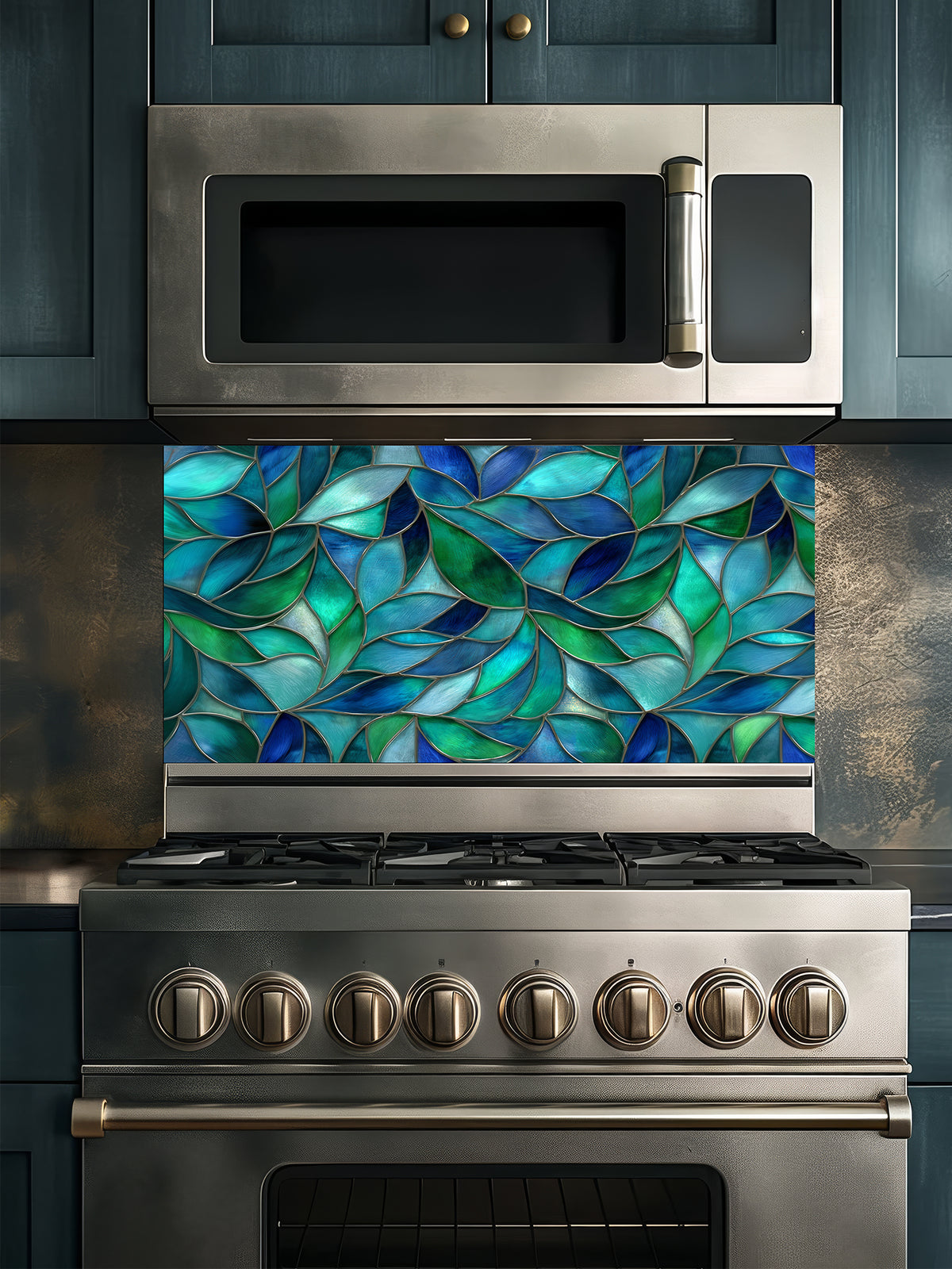Tempered glass kitchen backsplash featuring a vibrant botanical stained glass effect with overlapping leaves in shades of teal, blue, and emerald green, installed behind a modern stainless steel stove.