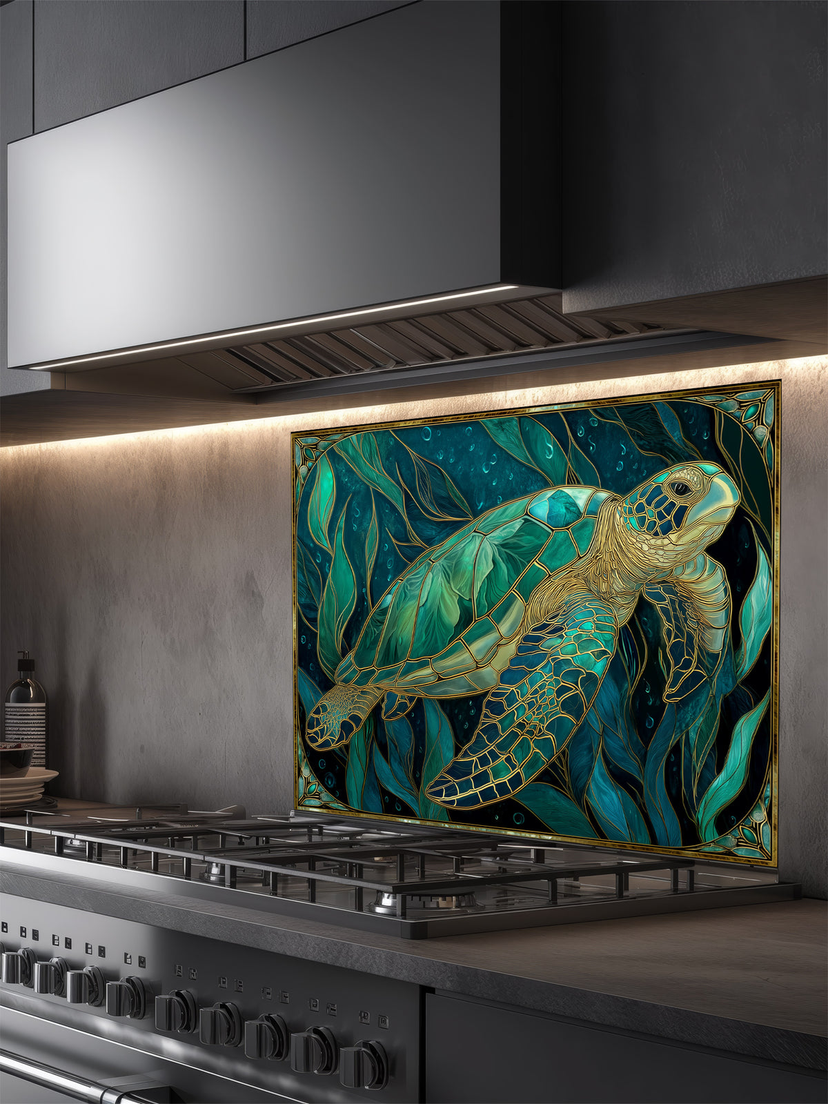 Tempered glass kitchen backsplash featuring a highly realistic 3D illusion of Art Nouveau stained glass showing a graceful sea turtle swimming among flowing teal and emerald underwater botanicals outlined in gold, installed behind a modern stainless steel stove.