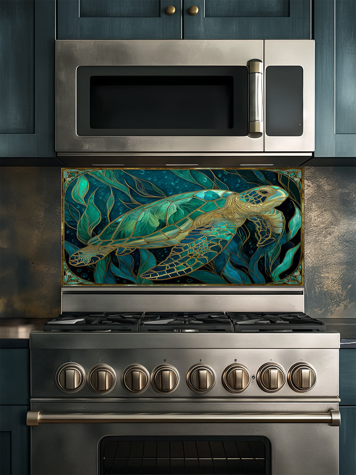 Tempered glass kitchen backsplash featuring a highly realistic 3D illusion of Art Nouveau stained glass showing a graceful sea turtle swimming among flowing teal and emerald underwater botanicals outlined in gold, installed behind a modern stainless steel stove.