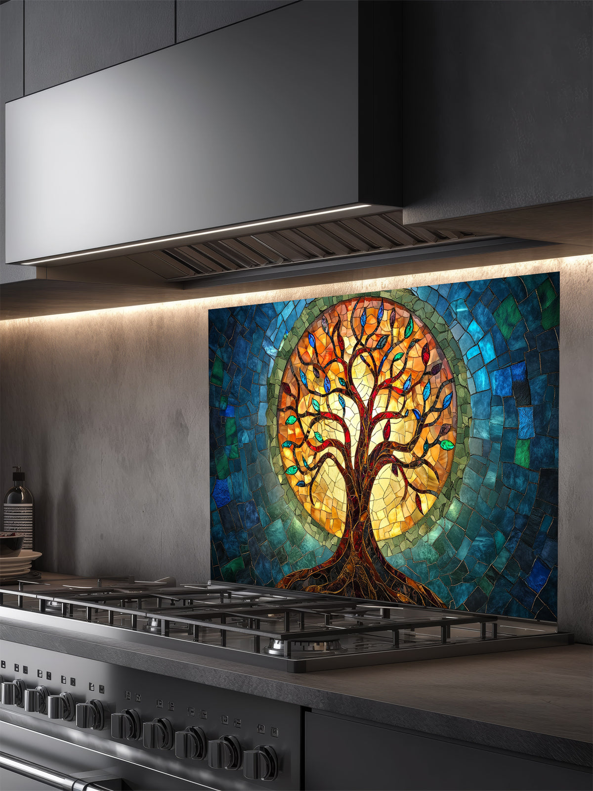 Stained glass mosaic style Tree of Life with vibrant blue, teal, and glowing amber colors, UV printed on a smooth tempered glass kitchen backsplash, installed behind a modern stove.