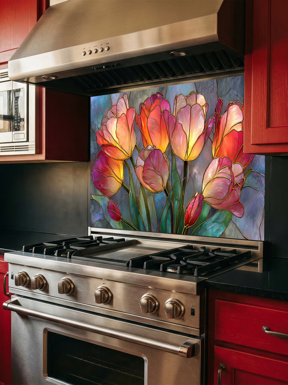 Stained glass style blooming tulips in vibrant red, orange, yellow, and pink on a textured blue background, UV printed on a smooth tempered glass kitchen backsplash, installed behind a modern stove.