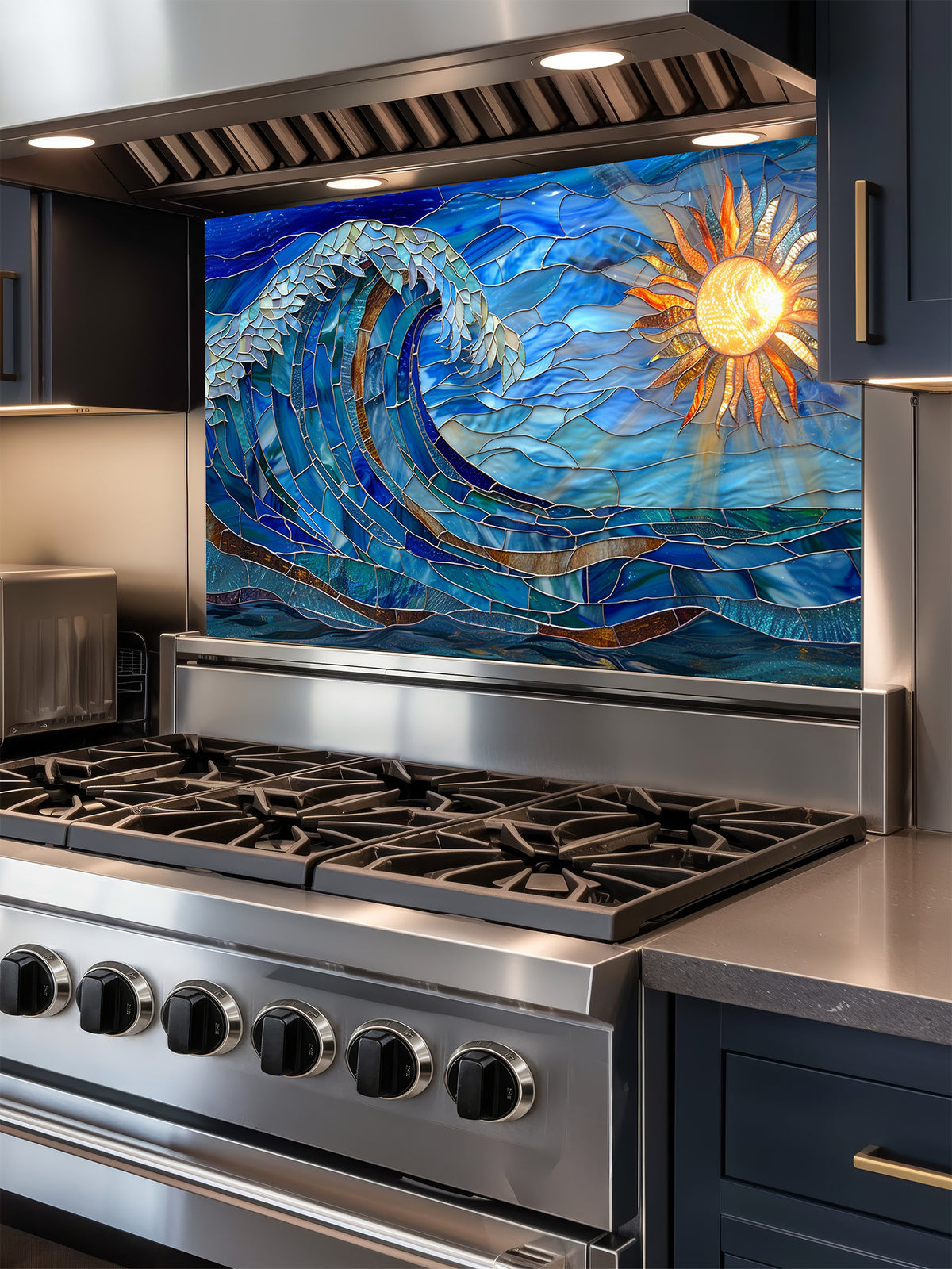 Tempered glass kitchen backsplash featuring a vibrant faux stained glass design of a dynamic crashing ocean wave in blues and teals, with a glowing golden sun and sunbeams on the right, installed behind a modern stainless steel stove.