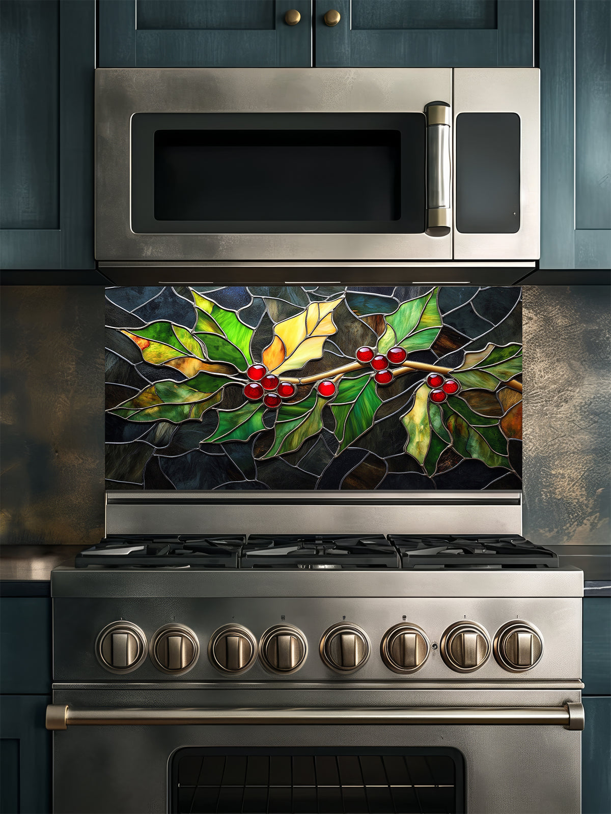 Tempered glass kitchen backsplash featuring a highly realistic 3D illusion of stained glass art showing a winter branch with vibrant green and yellow holly leaves and glowing red berries against a dark textured background, installed behind a modern black stove.