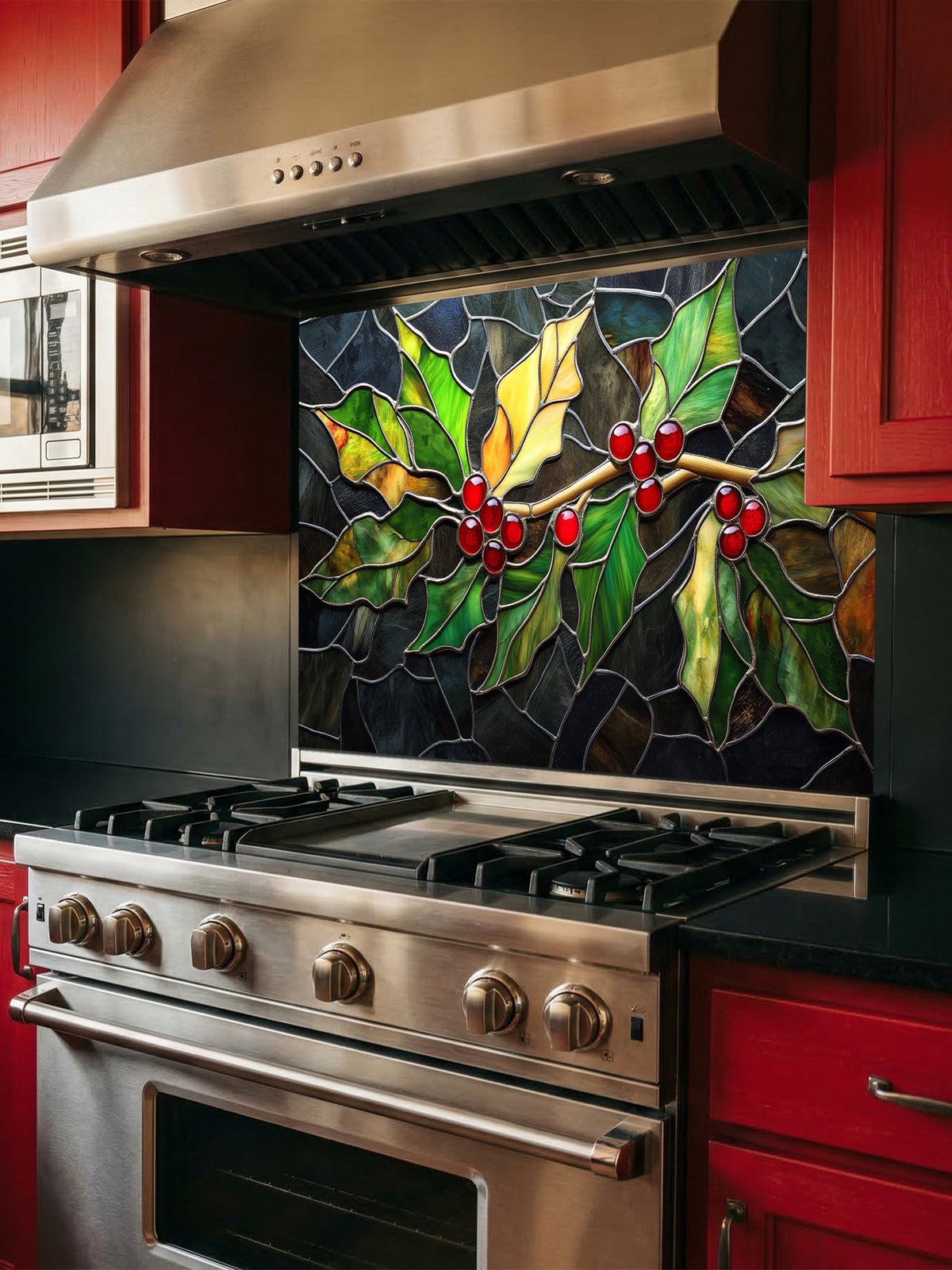 Tempered glass kitchen backsplash featuring a highly realistic 3D illusion of stained glass art showing a winter branch with vibrant green and yellow holly leaves and glowing red berries against a dark textured background, installed behind a modern black stove.