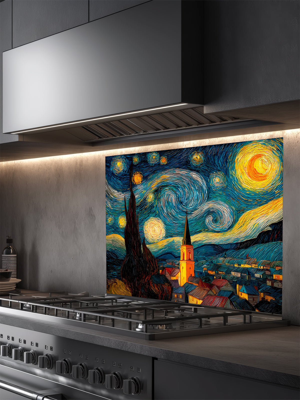 Tempered glass kitchen backsplash featuring a highly realistic 3D illusion of a thick impasto oil painting inspired by The Starry Night, showing a swirling blue night sky, glowing yellow stars, and a dark silhouette of a cypress tree over a village, installed behind a modern black stove.