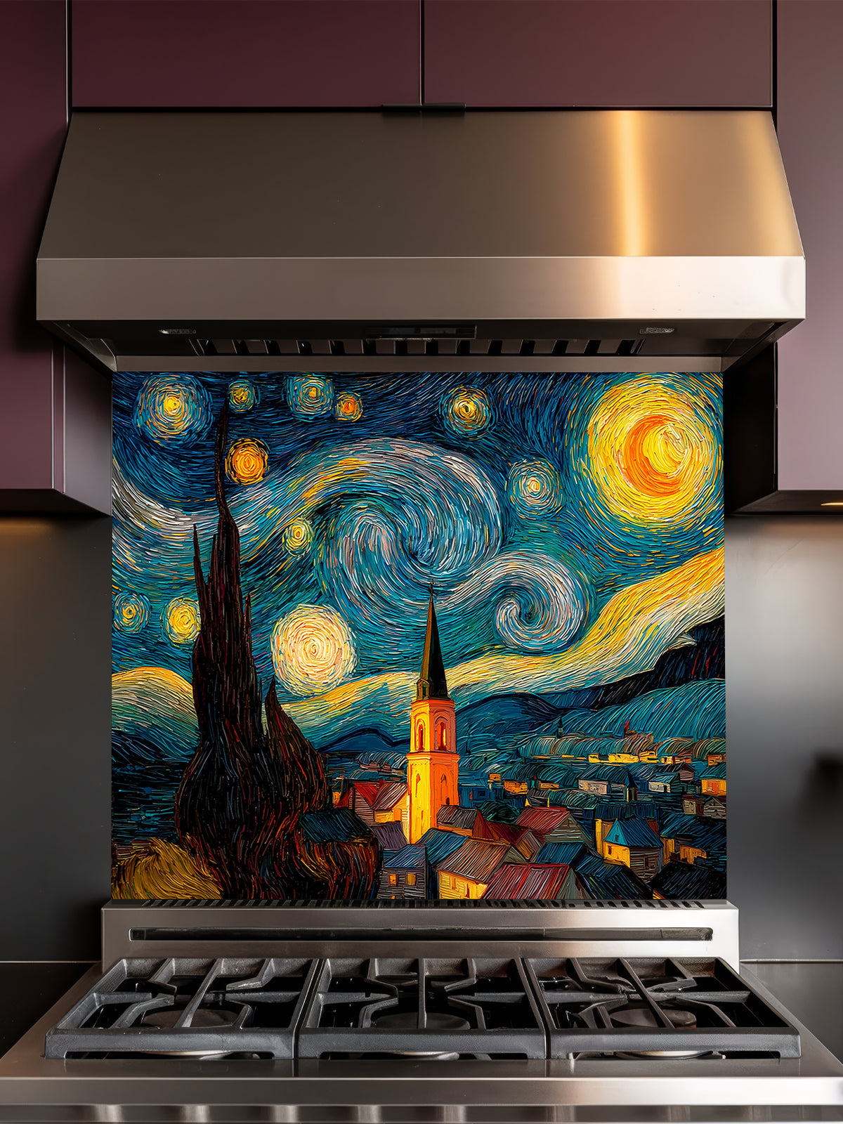 Tempered glass kitchen backsplash featuring a highly realistic 3D illusion of a thick impasto oil painting inspired by The Starry Night, showing a swirling blue night sky, glowing yellow stars, and a dark silhouette of a cypress tree over a village, installed behind a modern black stove.