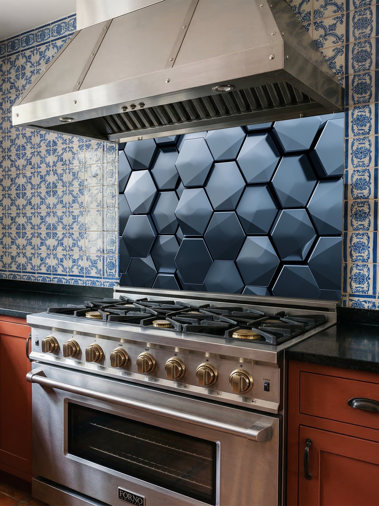 Tempered glass kitchen backsplash featuring a highly realistic 3D illusion of dark slate blue and charcoal metallic hexagon tiles in a sleek honeycomb pattern with dramatic shadow effects, installed behind a modern stainless steel stove.