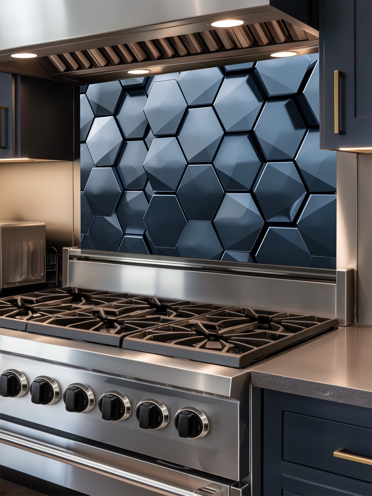 Tempered glass kitchen backsplash featuring a highly realistic 3D illusion of dark slate blue and charcoal metallic hexagon tiles in a sleek honeycomb pattern with dramatic shadow effects, installed behind a modern stainless steel stove.
