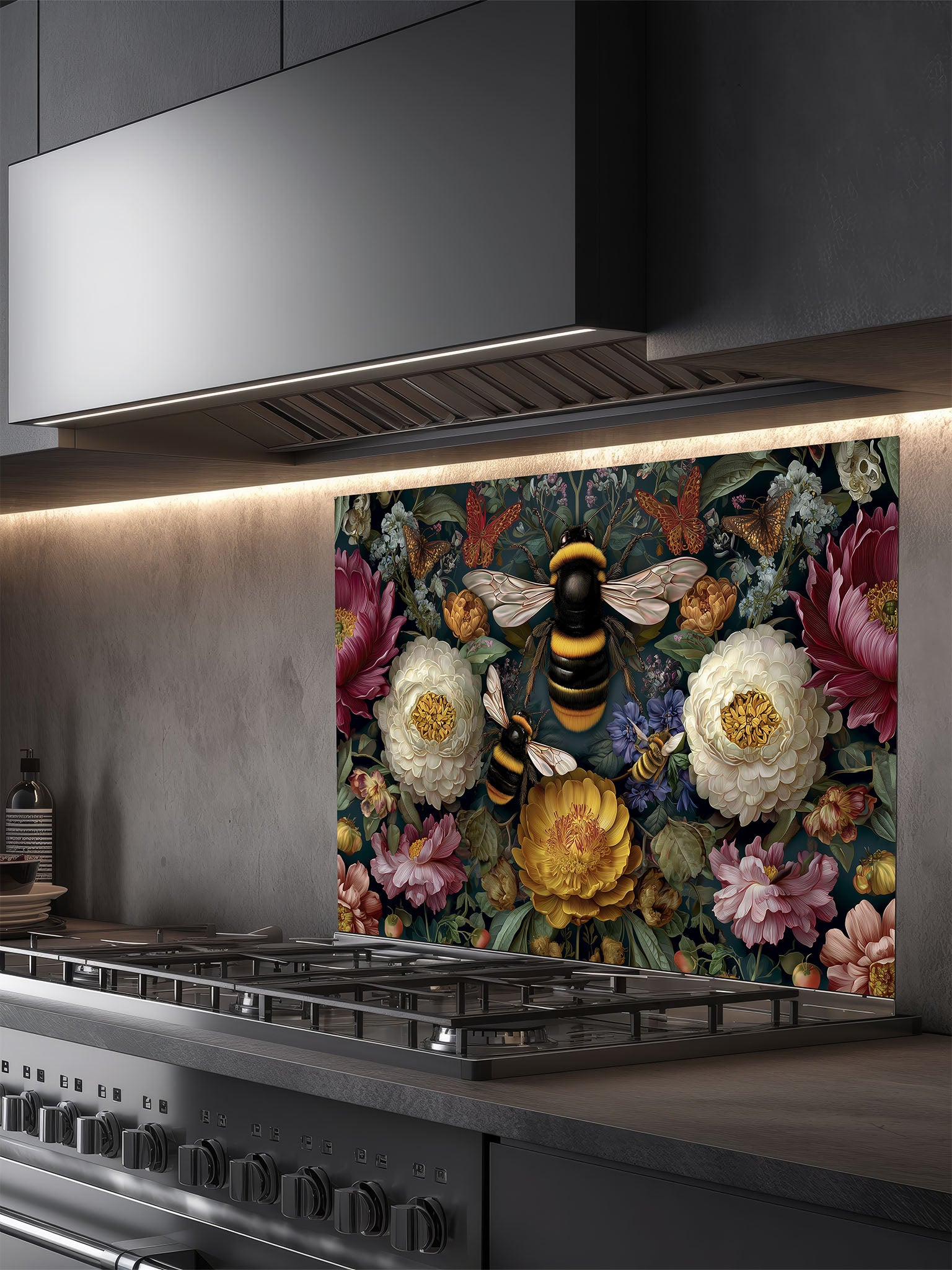 Tempered glass kitchen backsplash featuring a dark moody floral and large bumblebee vintage design installed behind a modern stainless steel stove.