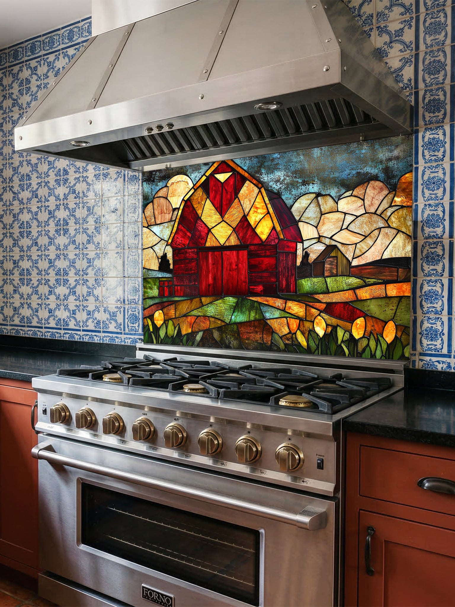 Tempered glass kitchen backsplash featuring a highly realistic 3D illusion of stained glass art showing a classic rustic red barn set in a vibrant farm landscape with golden fields under a cloudy blue sky, installed behind a modern black stove.