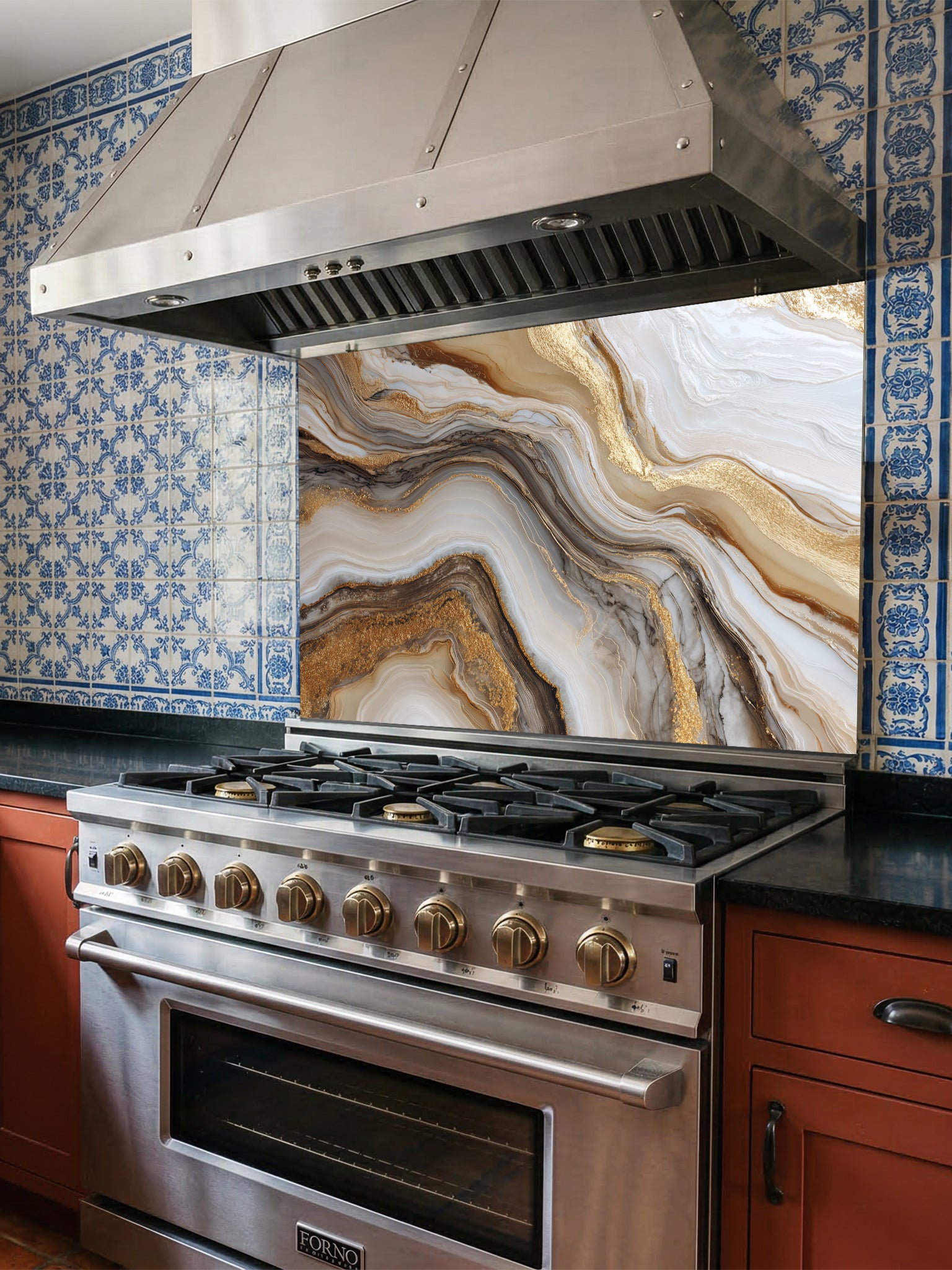 Abstract fluid art pattern mimicking white and brown agate marble with swirling gold leaf veins, UV printed on a smooth tempered glass kitchen backsplash, installed behind a modern stove.