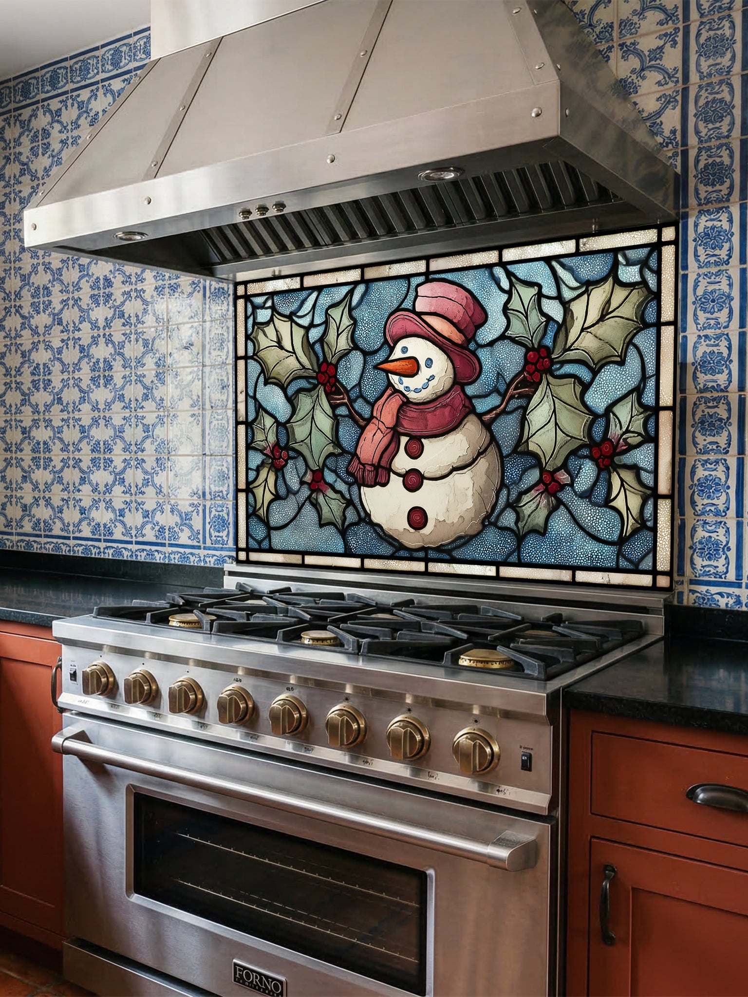 Tempered glass kitchen backsplash featuring a highly realistic 3D illusion of stained glass art showing a cheerful snowman with a red hat and scarf surrounded by green winter holly and red berries against a frosted icy blue background, installed behind a modern black stove.