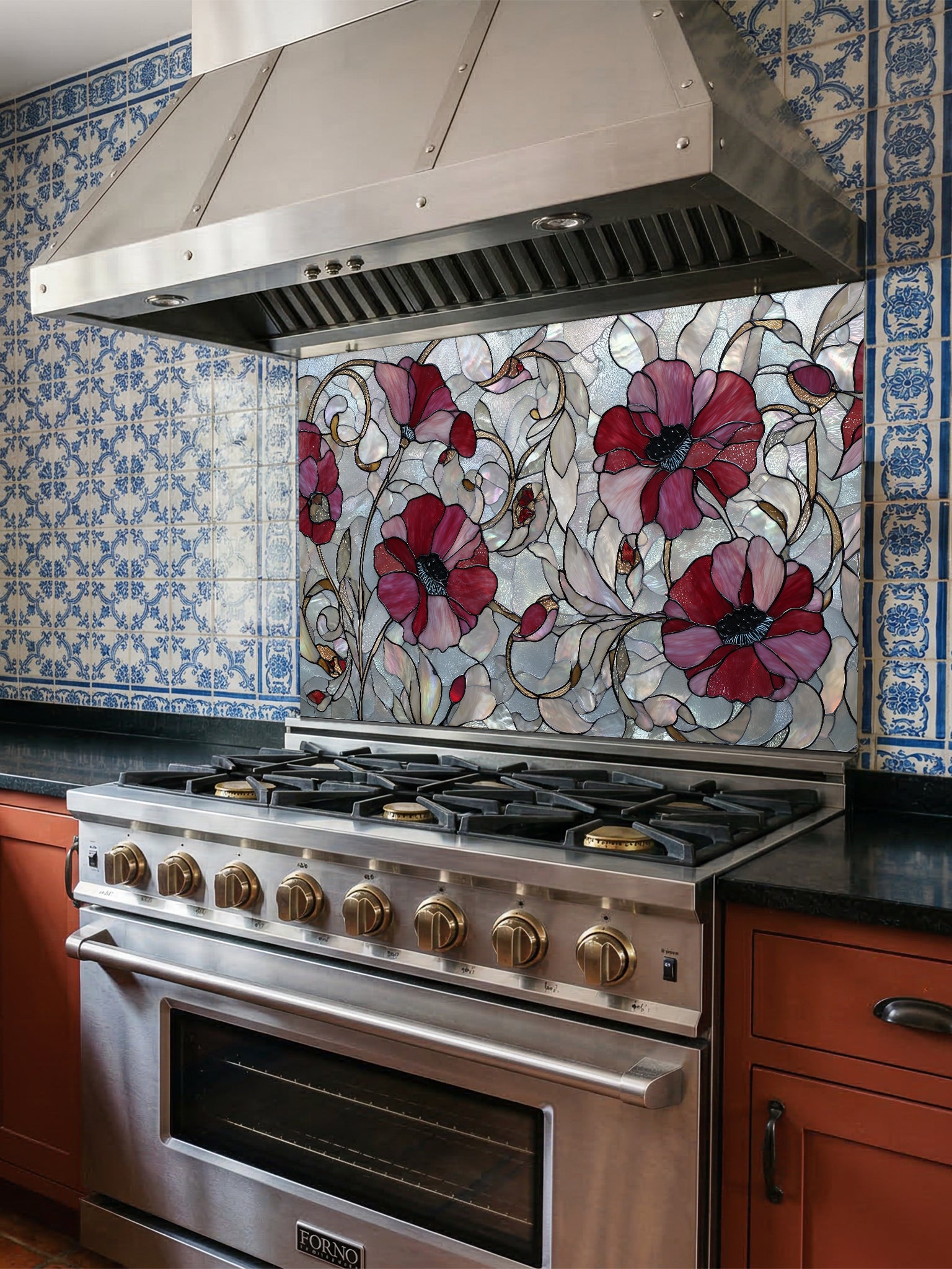 Faux stained glass pattern featuring deep crimson red poppy flowers and swirling vines against an iridescent mother-of-pearl mosaic background, UV printed on a smooth tempered glass kitchen backsplash.