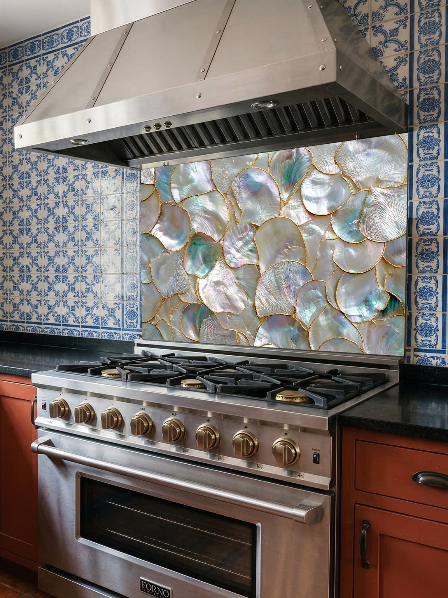 Tempered glass kitchen backsplash featuring a highly realistic 3D faux mosaic design of overlapping mother of pearl and abalone shells with iridescent pastel colors and gold outlines, installed behind a modern stainless steel stove.