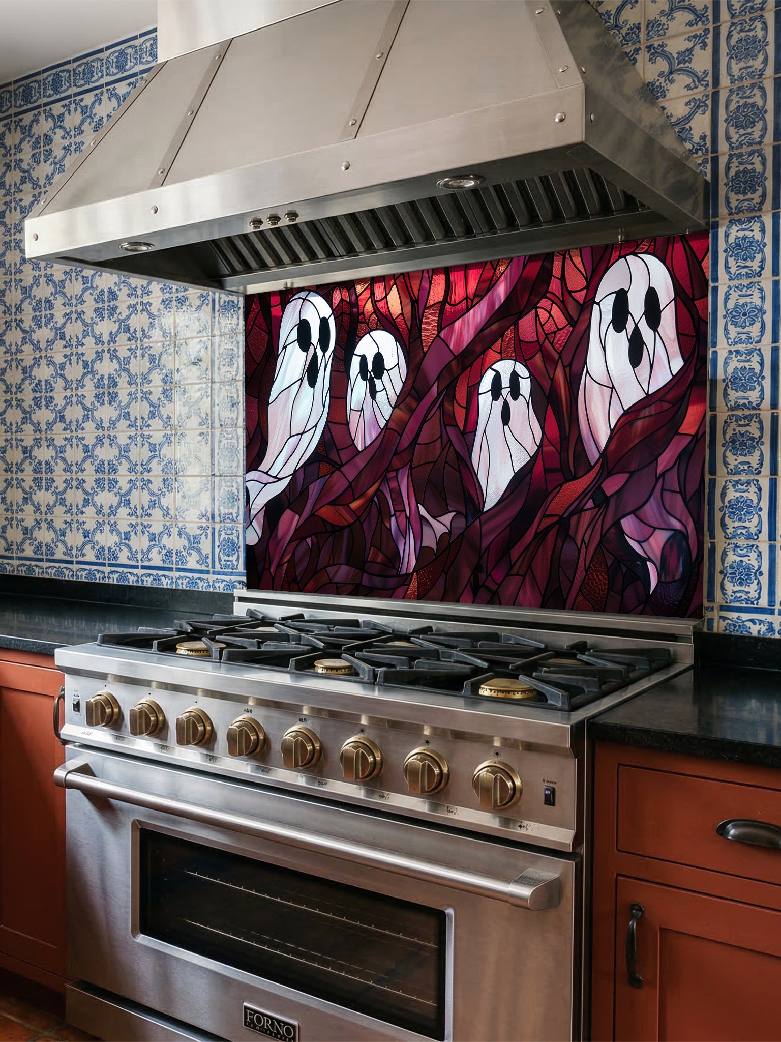 Tempered glass kitchen backsplash featuring a highly realistic 3D illusion of macabre stained glass art showing spooky white ghosts floating among twisted dark red and purple haunted forest branches, installed behind a modern stainless steel stove.