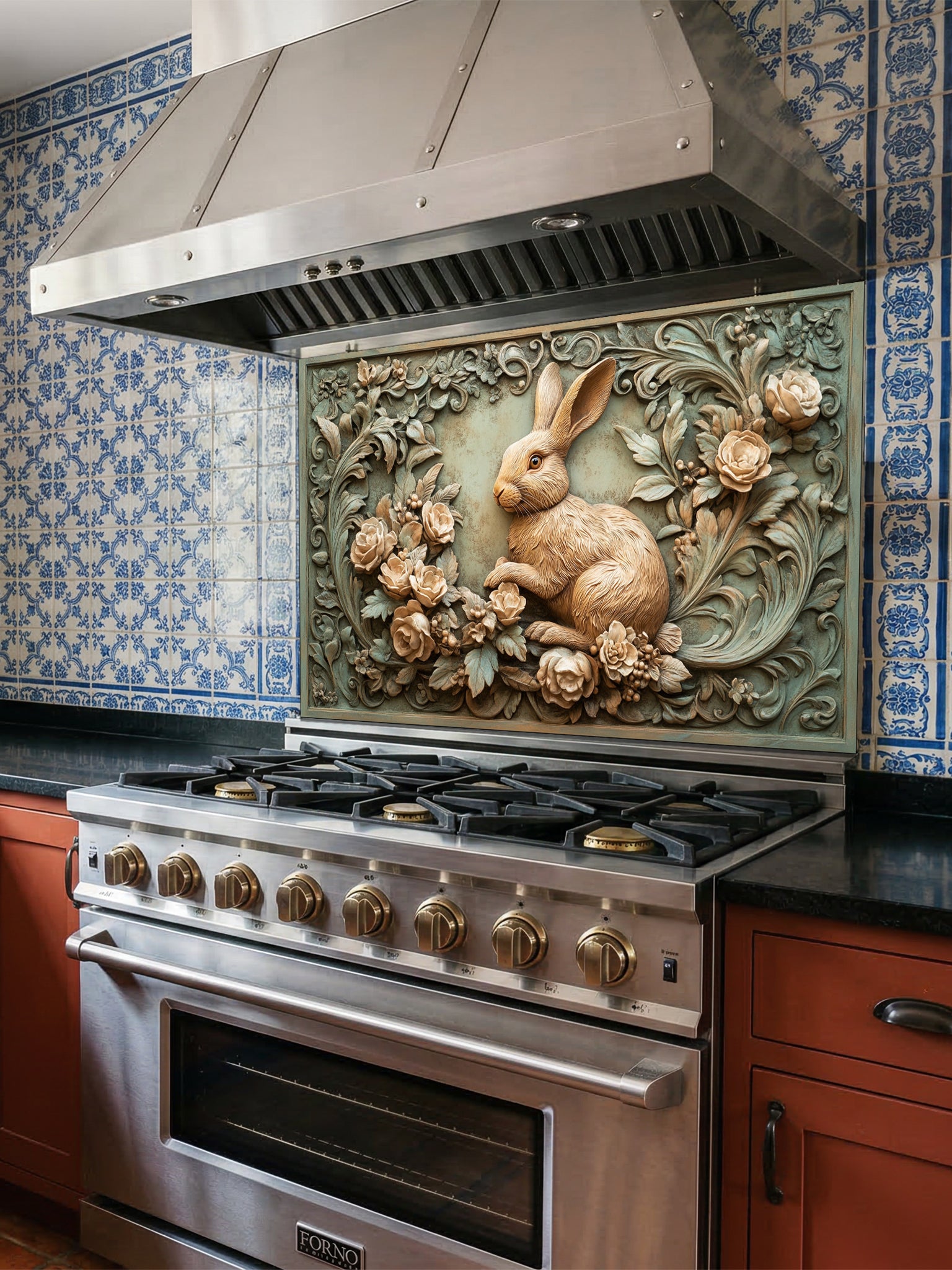 Tempered glass kitchen backsplash featuring a highly realistic 3D illusion of an antique carved bas-relief sculpture showing a gentle woodland rabbit surrounded by blooming roses and ornate foliage in warm earthy tones and a vintage greenish patina, installed behind a modern black stove.