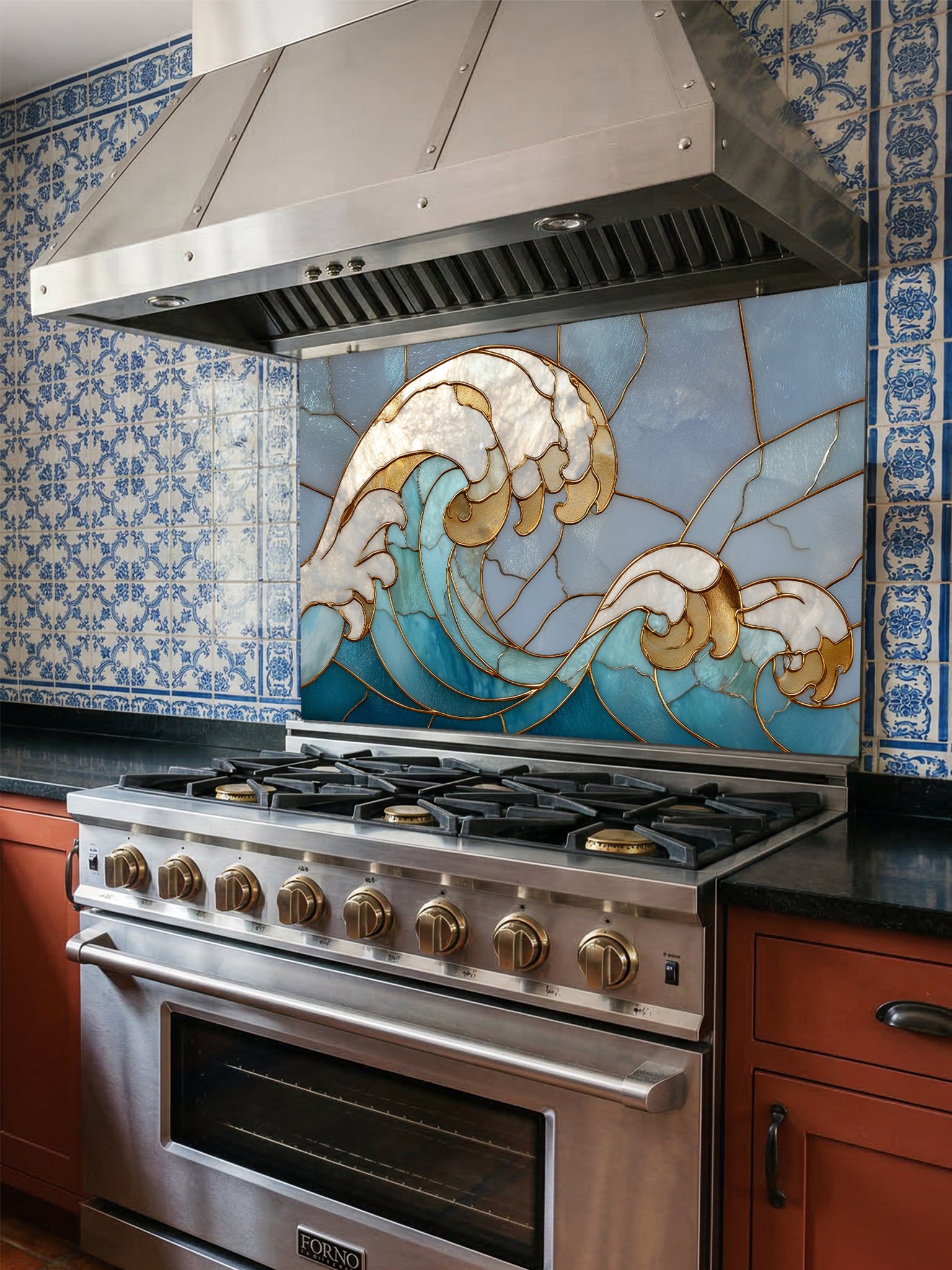 Tempered glass kitchen backsplash featuring a dramatic crashing ocean wave design in faux stained glass with deep blue water, white foam crests, and elegant gold outlines, installed behind a modern stainless steel stove.